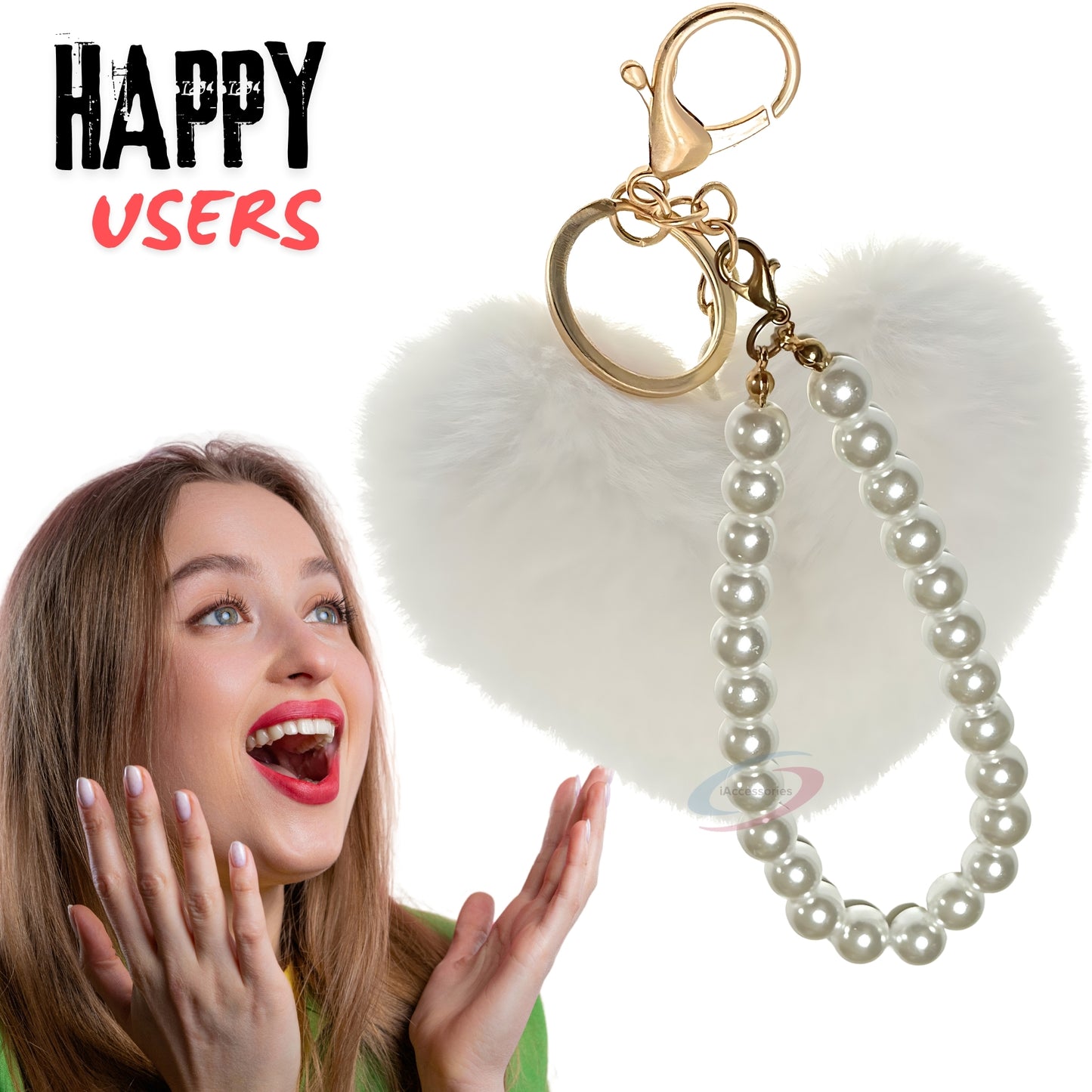 iAccessories Fluffy Faux Fur Soft Pompom Heart Keychain Charm with Pearls - White - iAccessories
