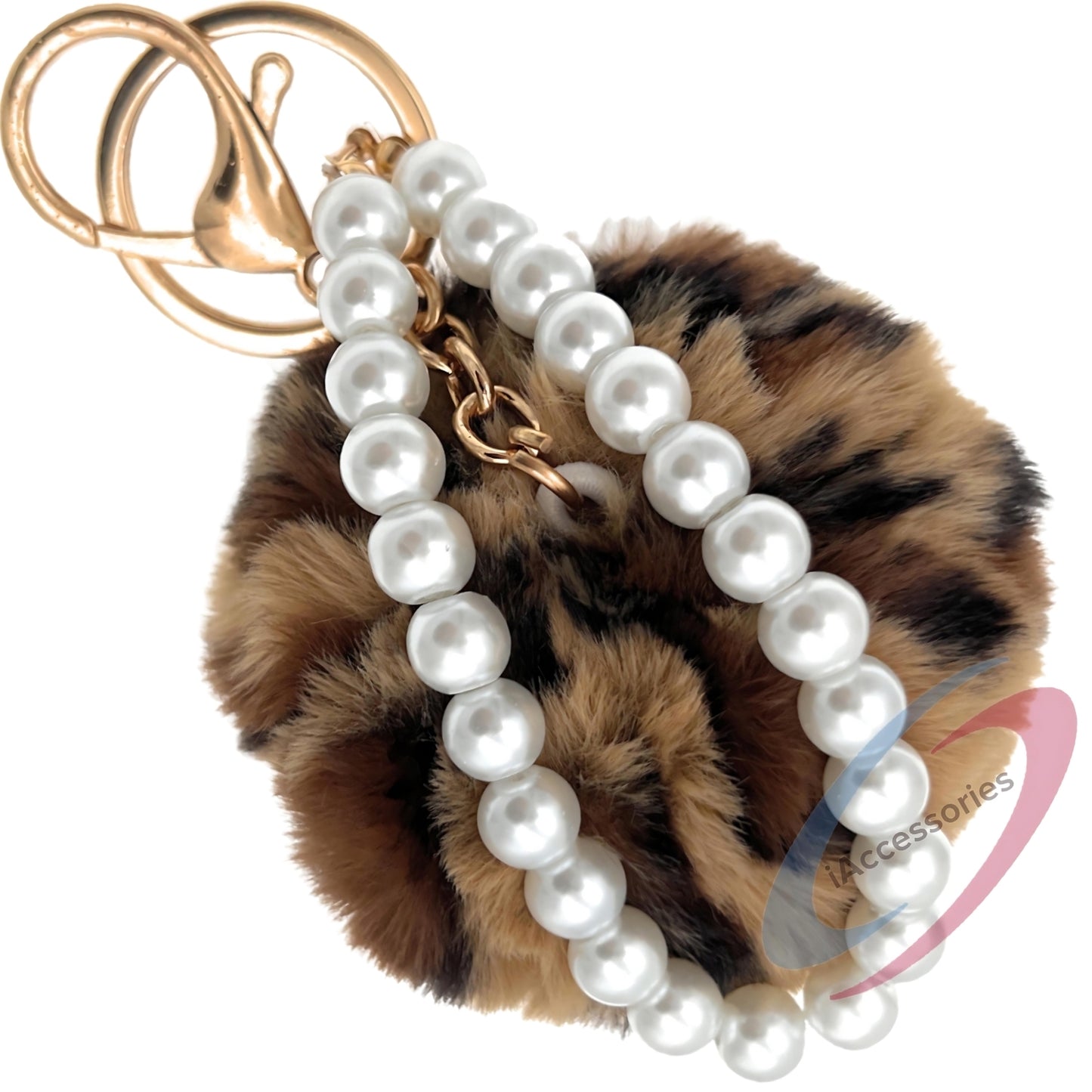 iAccessories Faux Fur Pompom with Pearls Keychain Charm - Brown Lepo for Girls' Bags, Cars, Scooty, Bike, Home Keys - iAccessories