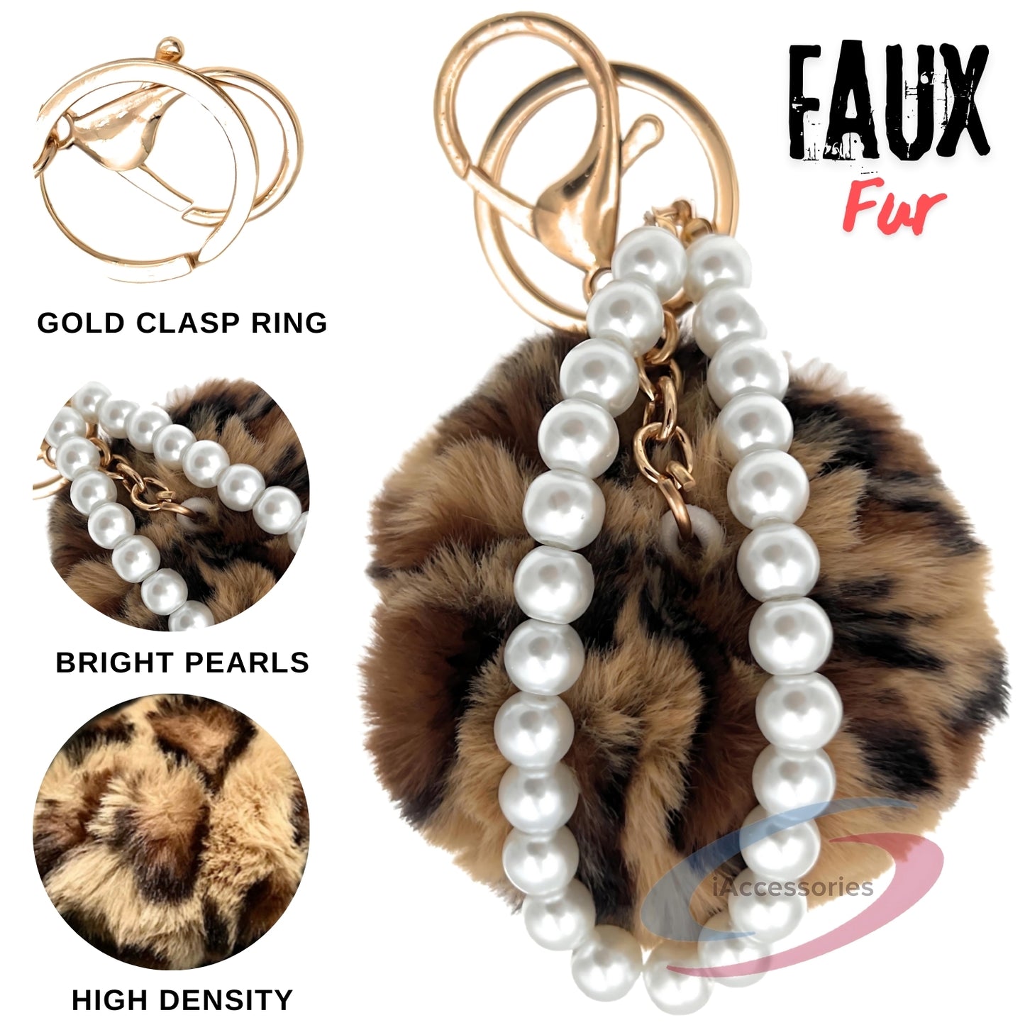 iAccessories Faux Fur Pompom with Pearls Keychain Charm - Brown Lepo for Girls' Bags, Cars, Scooty, Bike, Home Keys - iAccessories