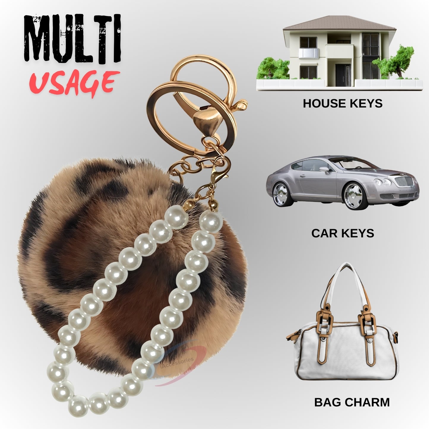 iAccessories Faux Fur Pompom with Pearls Keychain Charm - Brown Lepo for Girls' Bags, Cars, Scooty, Bike, Home Keys - iAccessories