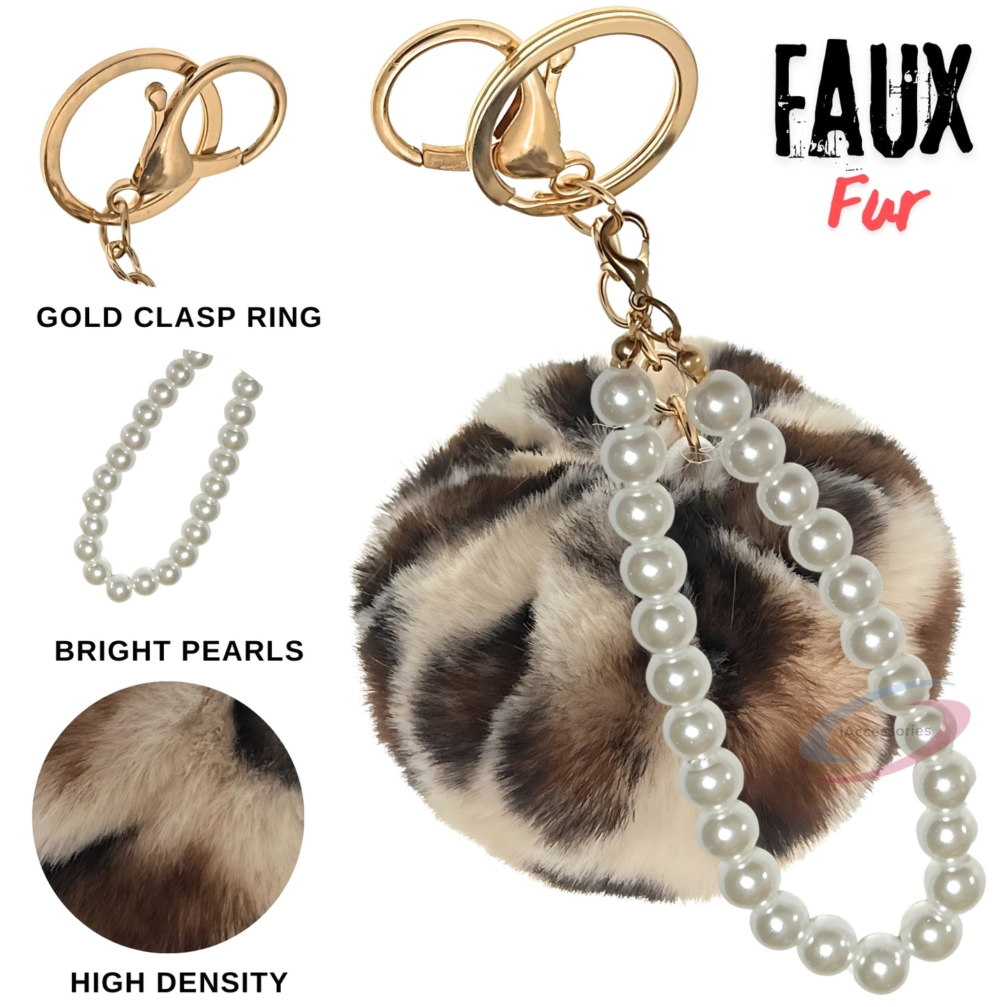 iAccessories Faux Fur Pompom with Pearls Keychain Charm - Cream Lepo for Girls Bags, Cars, Scooty, Bike, Home Keys - iAccessories