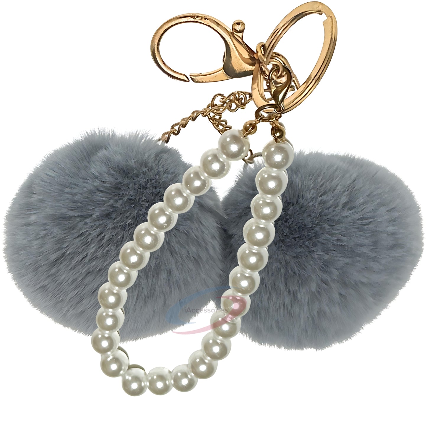 iAccessories Faux Fur Twin Pompom Balls Keychain with Pearl Pendant Charm for Girls Bags, Car, Scooty, Bike, Home Keys - Grey - iAccessories