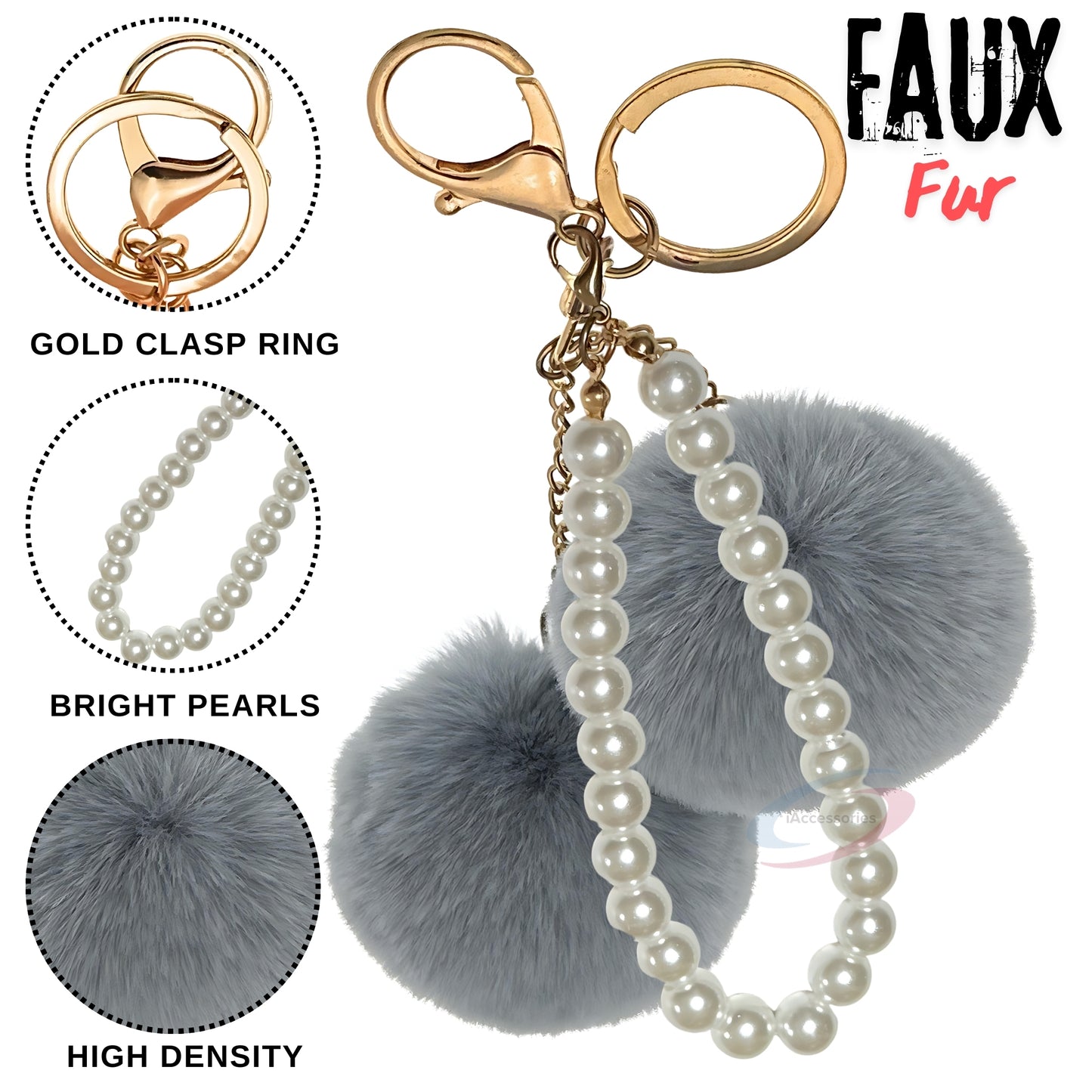 iAccessories Faux Fur Twin Pompom Balls Keychain with Pearl Pendant Charm for Girls Bags, Car, Scooty, Bike, Home Keys - Grey - iAccessories