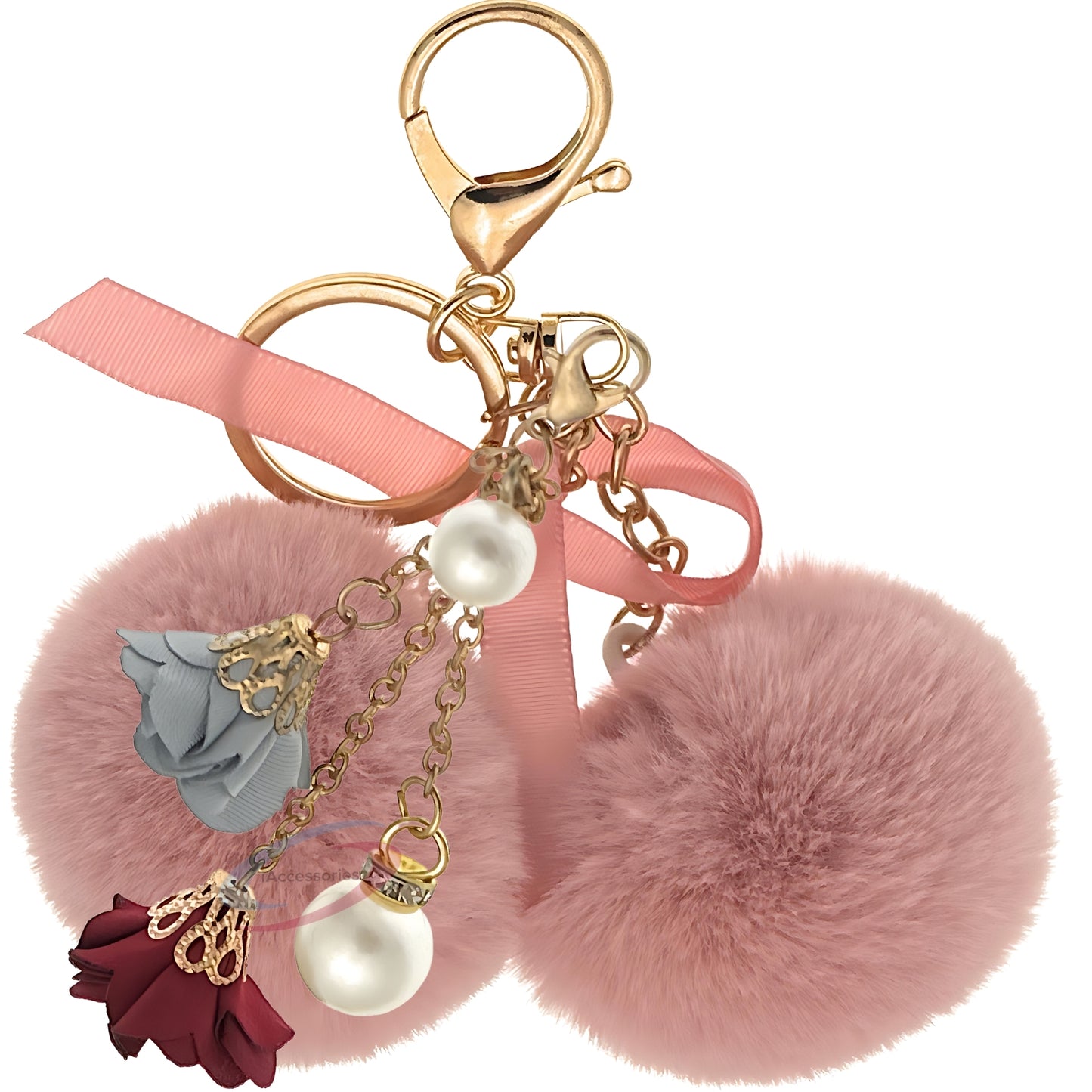 iAccessories Faux Fur Twin Pompom Balls Keychain with Rose Pearl Pendant Charm for Girls Bags, Car, Scooty, Bike, Home Keys - Baby Pink