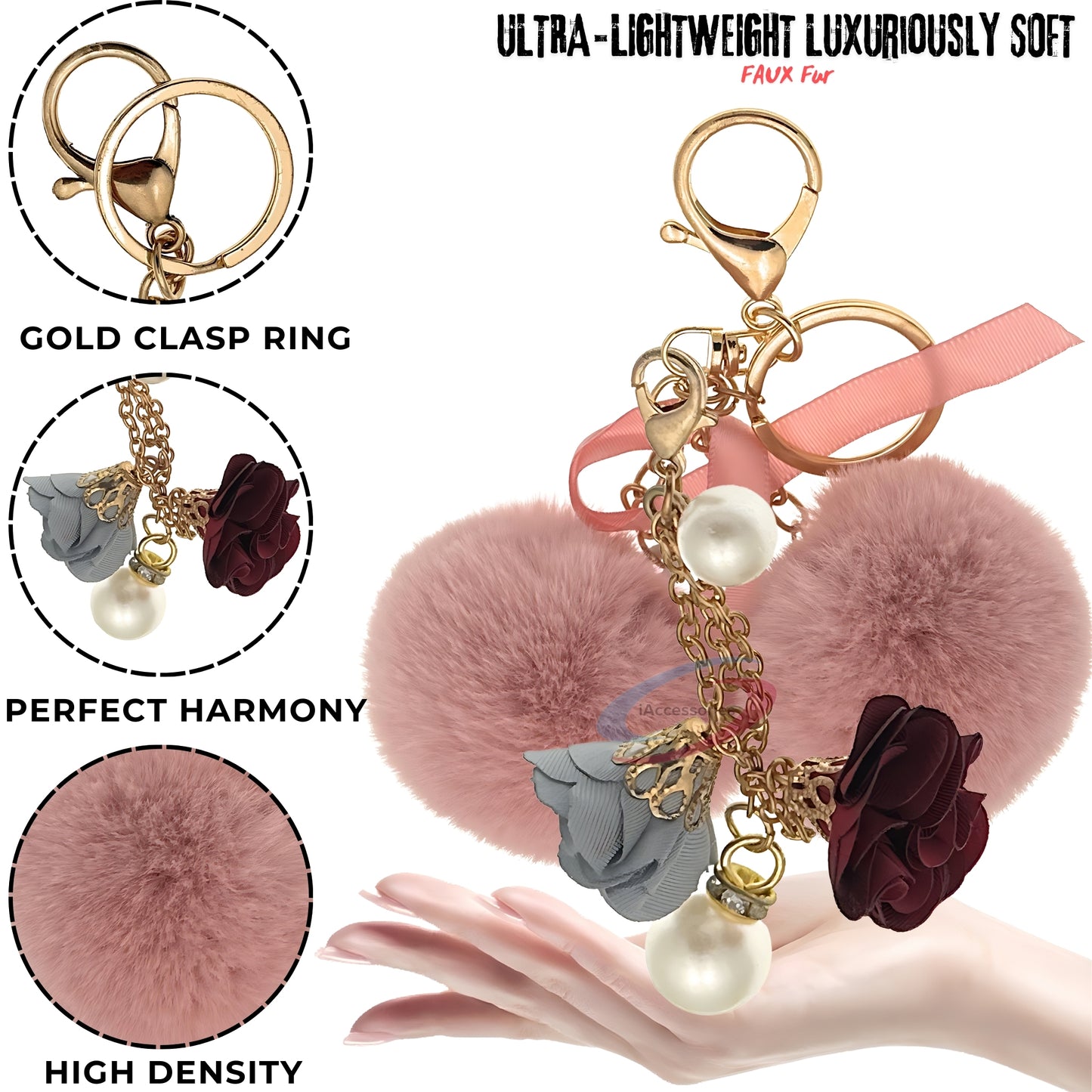 iAccessories Faux Fur Twin Pompom Balls Keychain with Rose Pearl Pendant Charm for Girls Bags, Car, Scooty, Bike, Home Keys - Baby Pink
