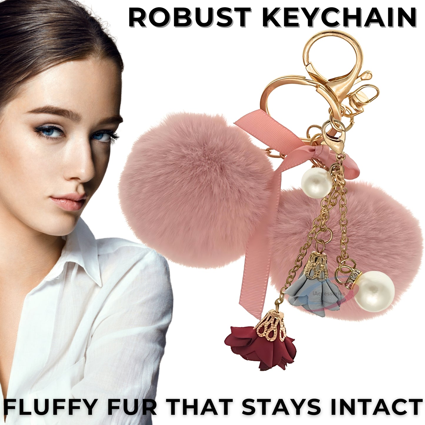 iAccessories Faux Fur Twin Pompom Balls Keychain with Rose Pearl Pendant Charm for Girls Bags, Car, Scooty, Bike, Home Keys - Baby Pink