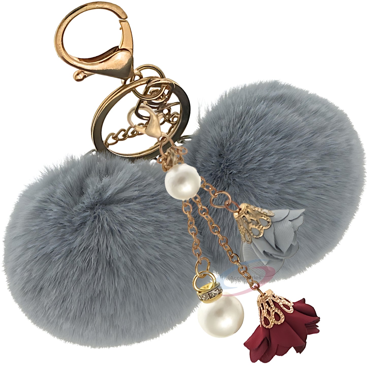 iAccessories Faux Fur Twin Pompom Balls Keychain with Rose Pearl Pendant Charm for Girls Bags, Car, Scooty, Bike, Home Keys - Grey