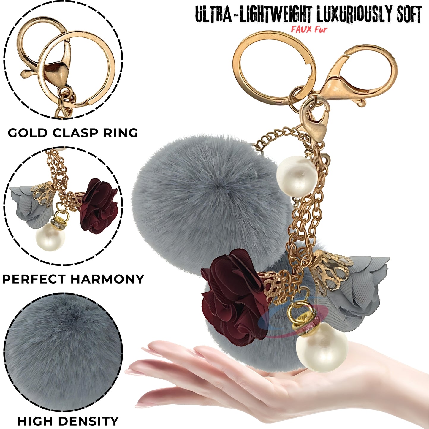 iAccessories Faux Fur Twin Pompom Balls Keychain with Rose Pearl Pendant Charm for Girls Bags, Car, Scooty, Bike, Home Keys - Grey