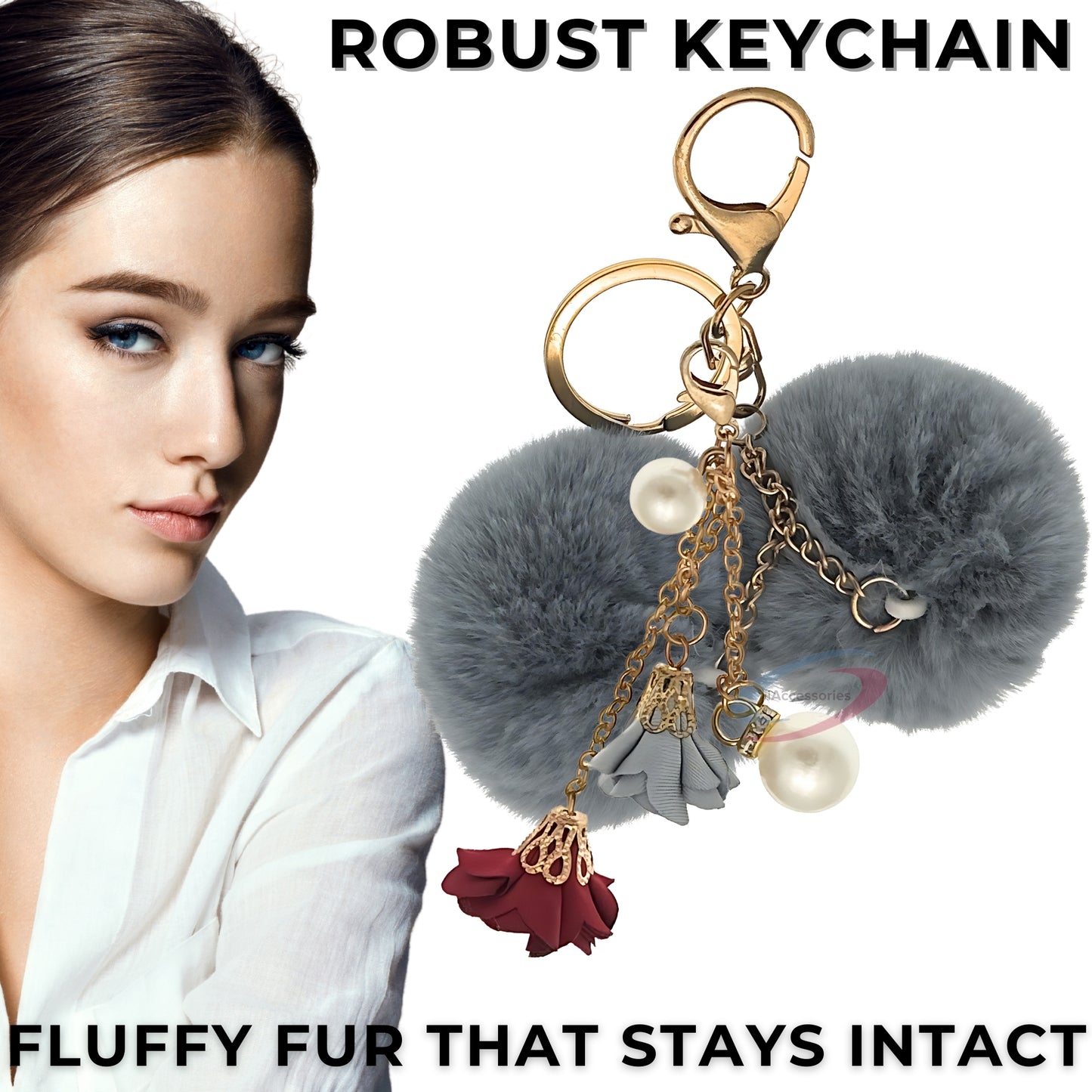 iAccessories Faux Fur Twin Pompom Balls Keychain with Rose Pearl Pendant Charm for Girls Bags, Car, Scooty, Bike, Home Keys - Grey