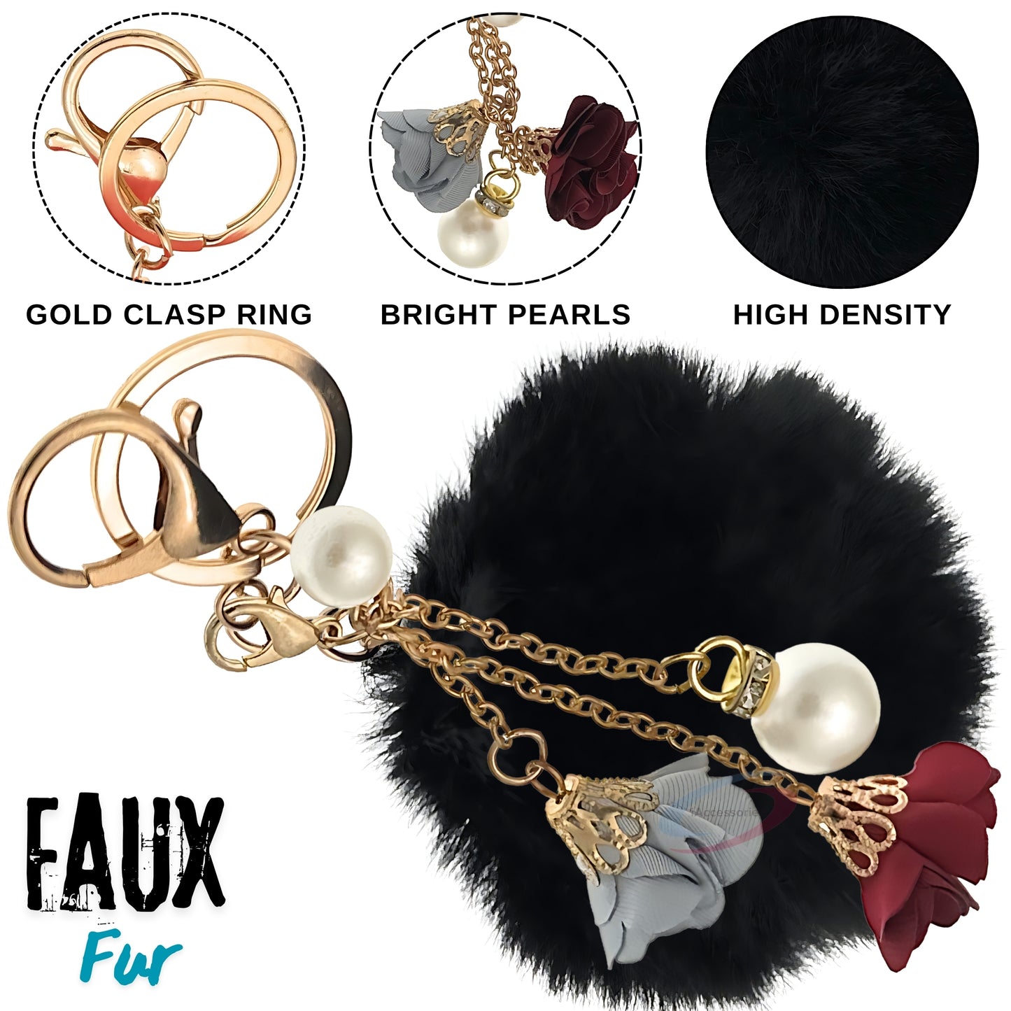 iAccessories Rose Pearl Pom Pom Keychain - Black