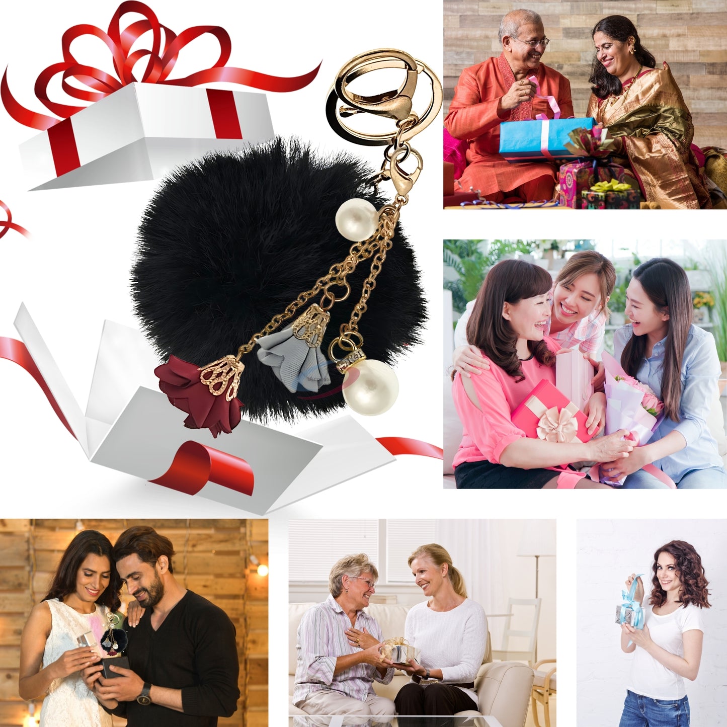 iAccessories Rose Pearl Pom Pom Keychain - Black