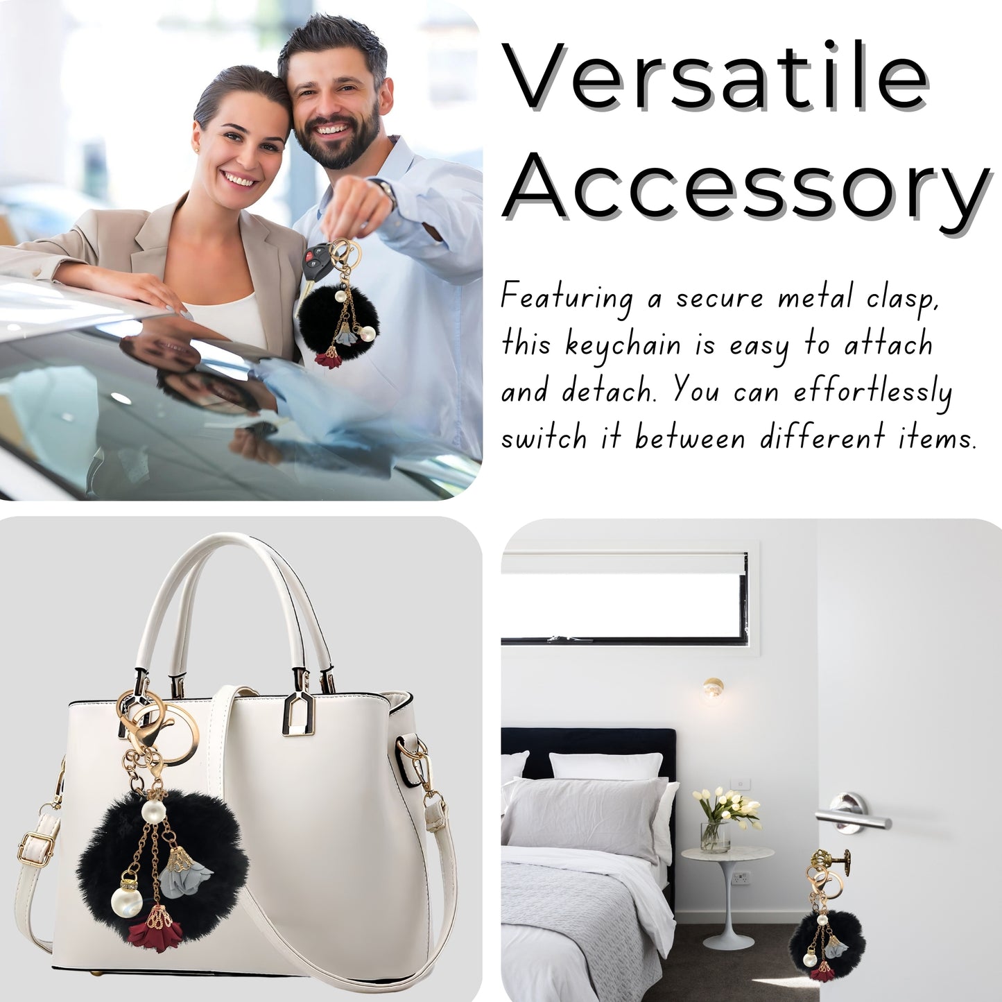 iAccessories Rose Pearl Pom Pom Keychain - Black
