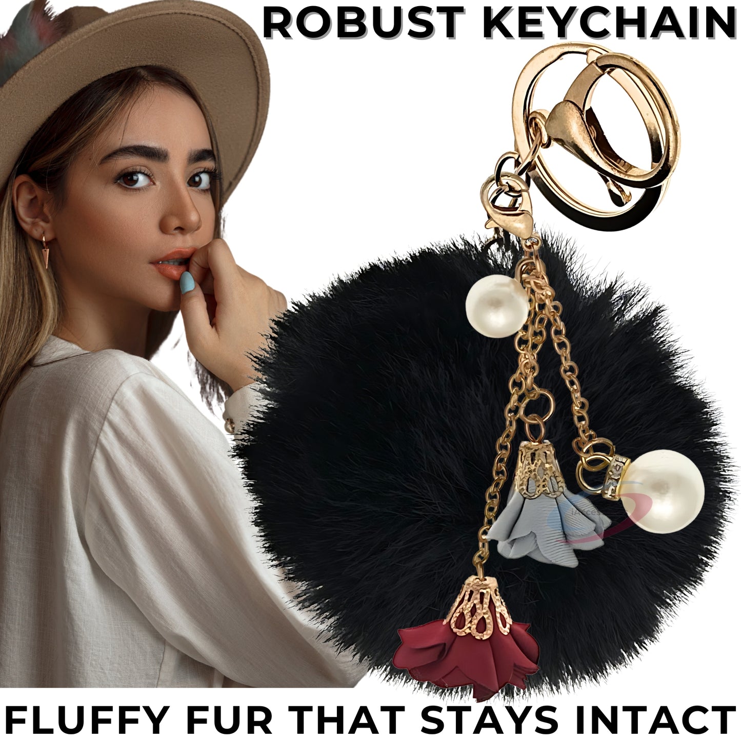 iAccessories Rose Pearl Pom Pom Keychain - Black
