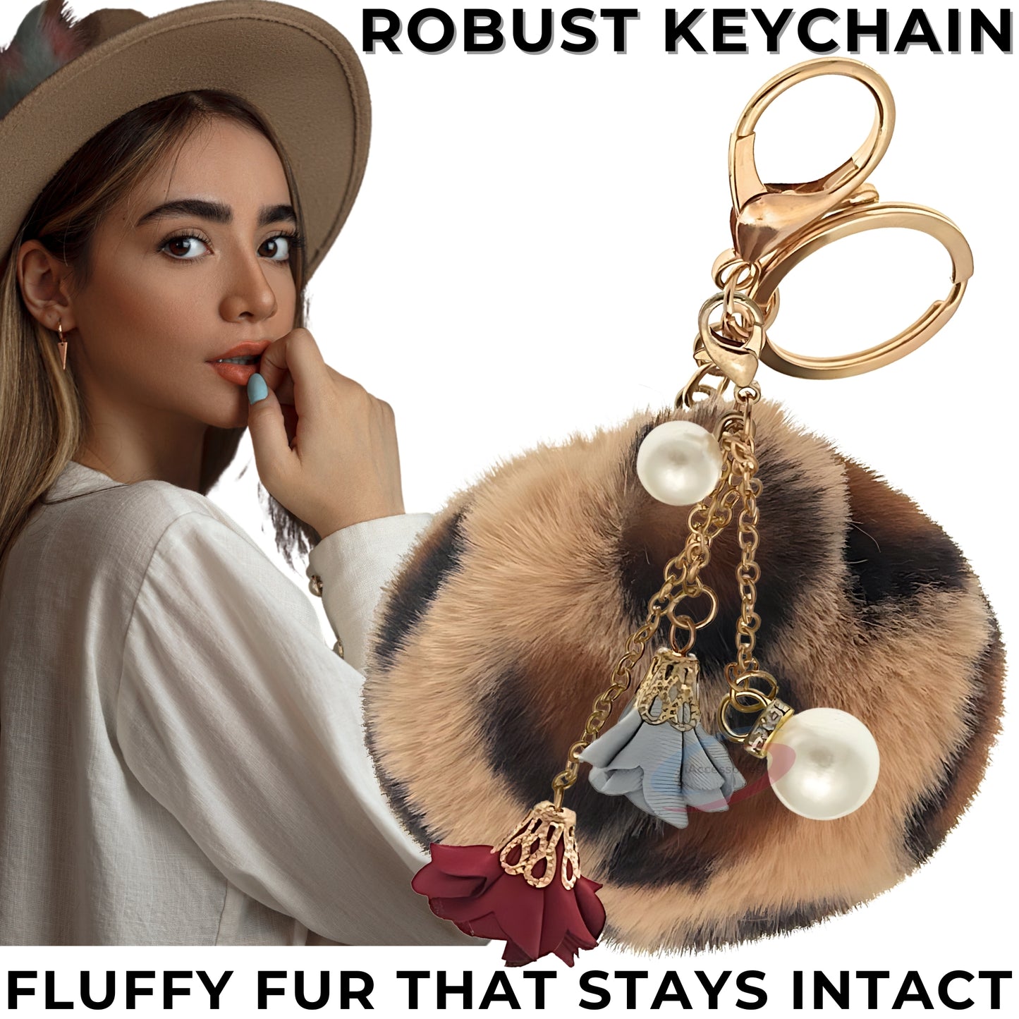 iAccessories Rose Pearl Pom Pom Keychain - Brown lepo - iAccessories