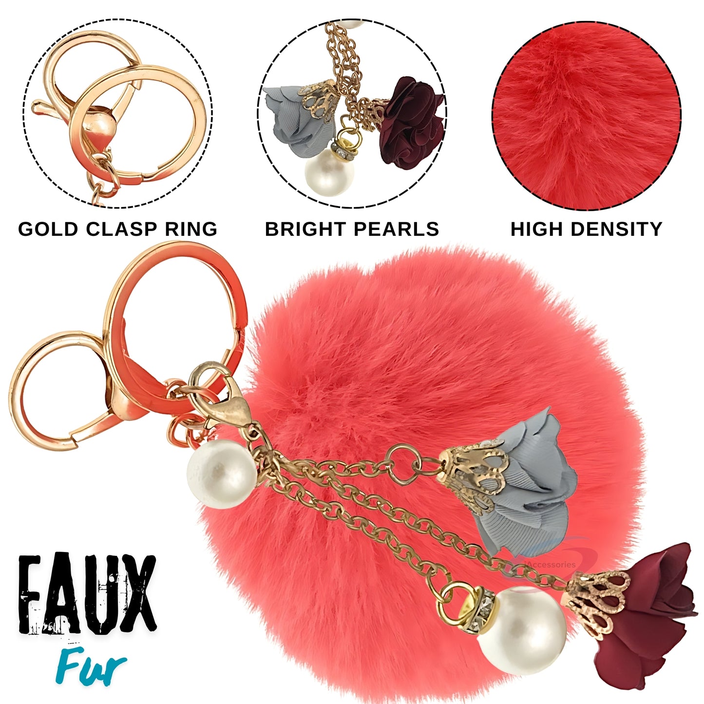 iAccessories Rose Pearl Pom Pom Keychain - Coral - iAccessories