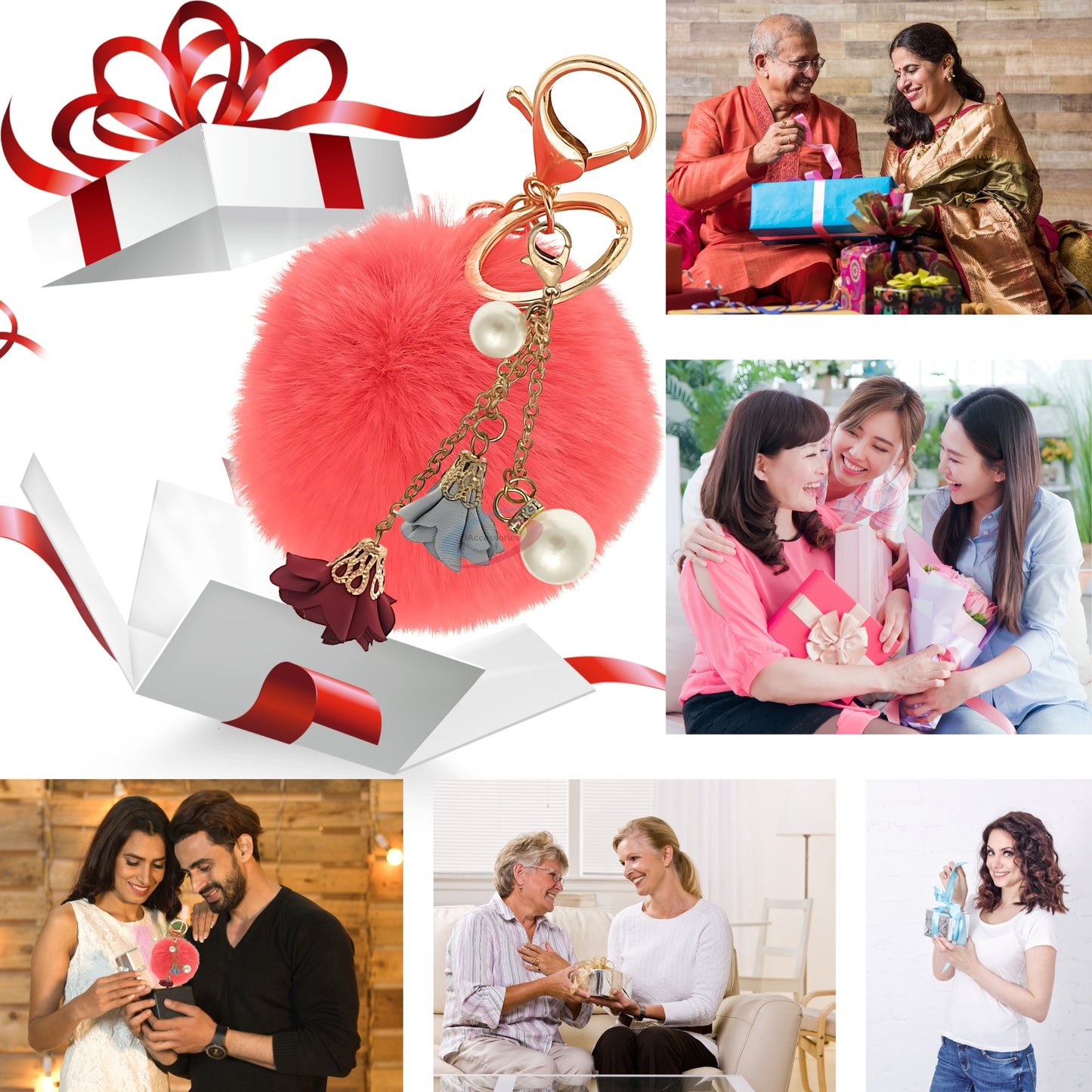iAccessories Rose Pearl Pom Pom Keychain - Coral - iAccessories