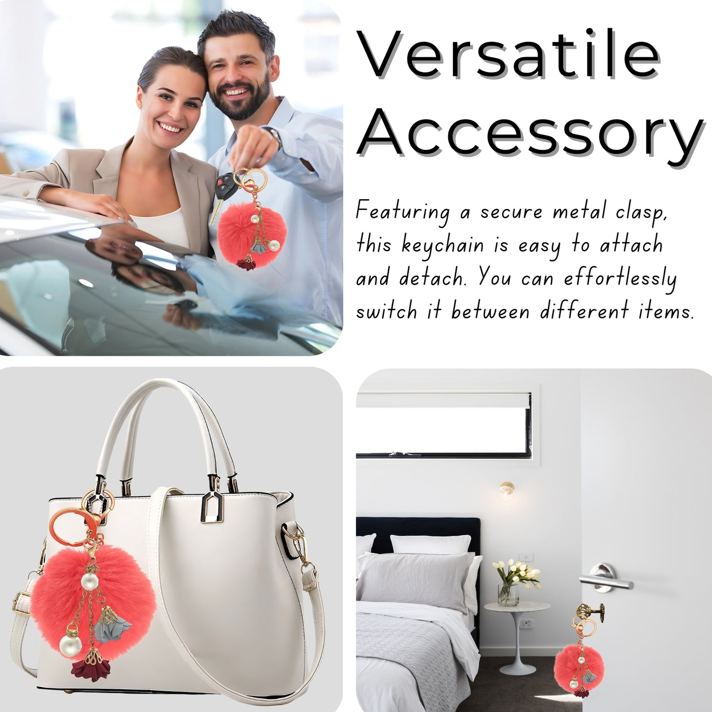 iAccessories Rose Pearl Pom Pom Keychain - Coral - iAccessories