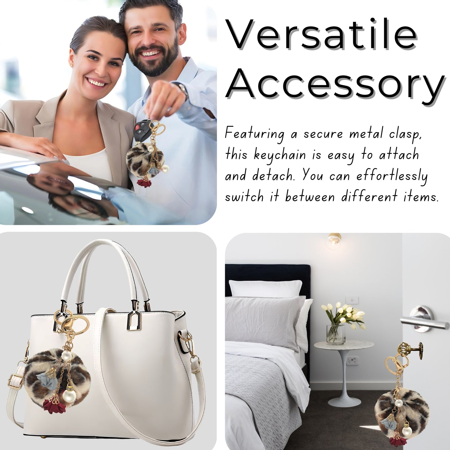 iAccessories Rose Pearl Pom Pom Keychain - Cream lepo - iAccessories