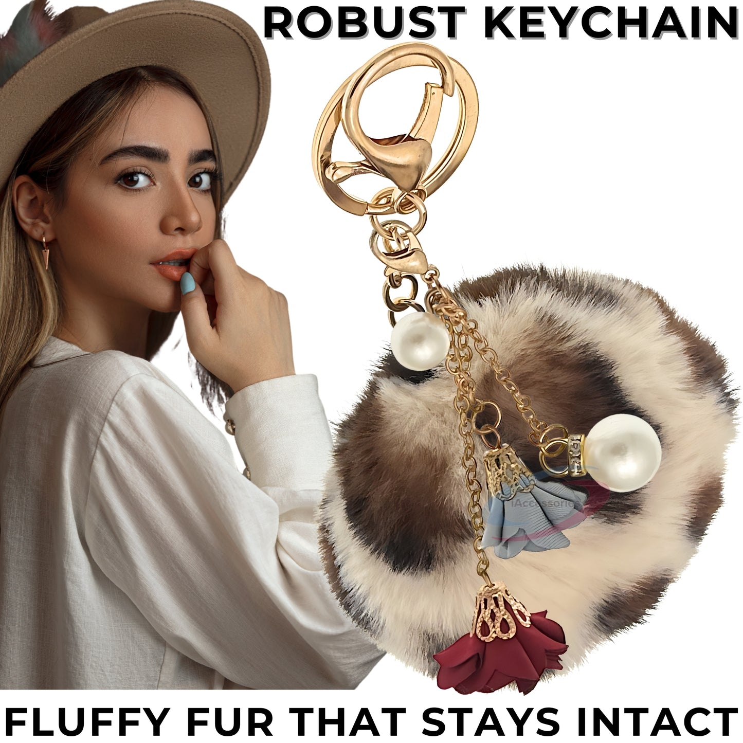 iAccessories Rose Pearl Pom Pom Keychain - Cream lepo - iAccessories