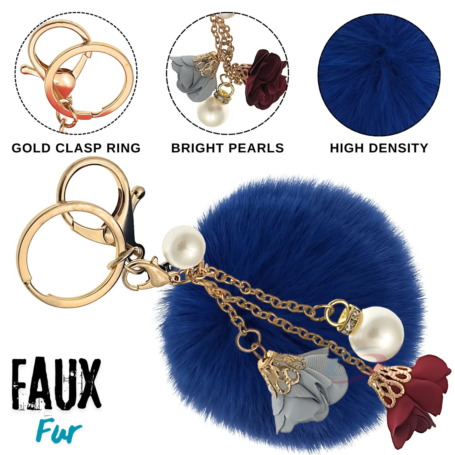 iAccessories Rose Pearl Pom Pom Keychain - Dark Blue - iAccessories