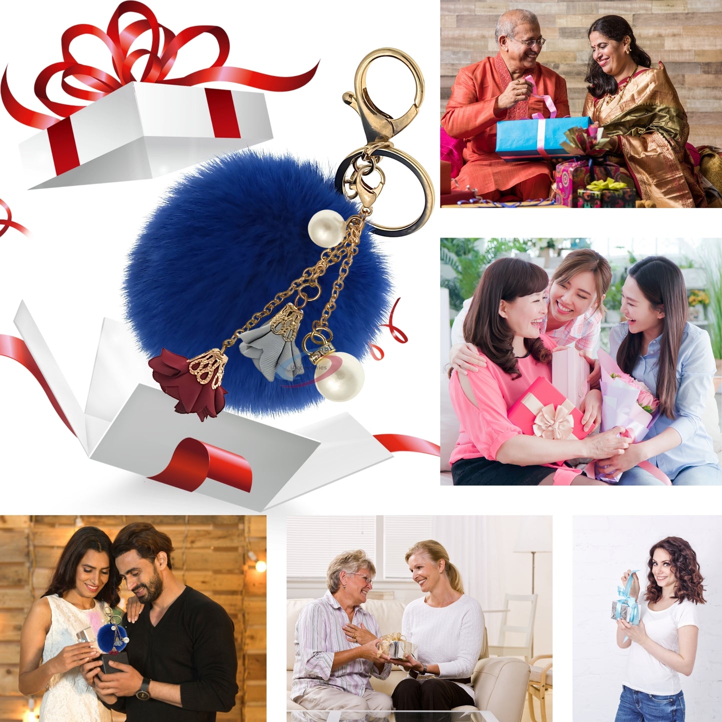 iAccessories Rose Pearl Pom Pom Keychain - Dark Blue - iAccessories