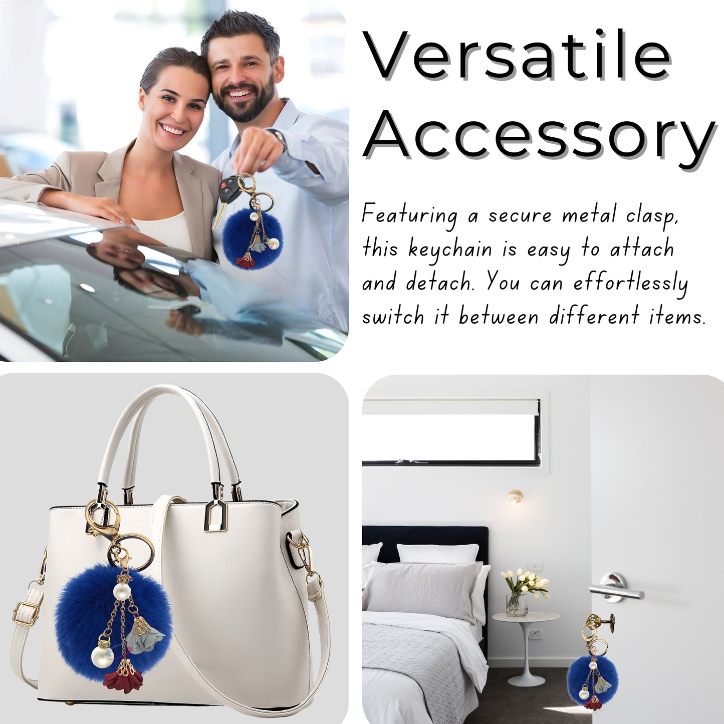 iAccessories Rose Pearl Pom Pom Keychain - Dark Blue - iAccessories