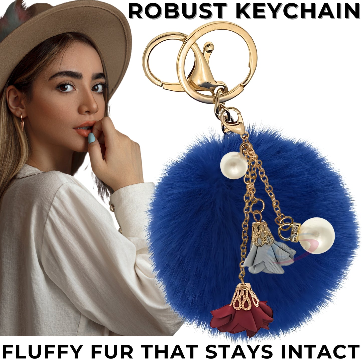 iAccessories Rose Pearl Pom Pom Keychain - Dark Blue - iAccessories
