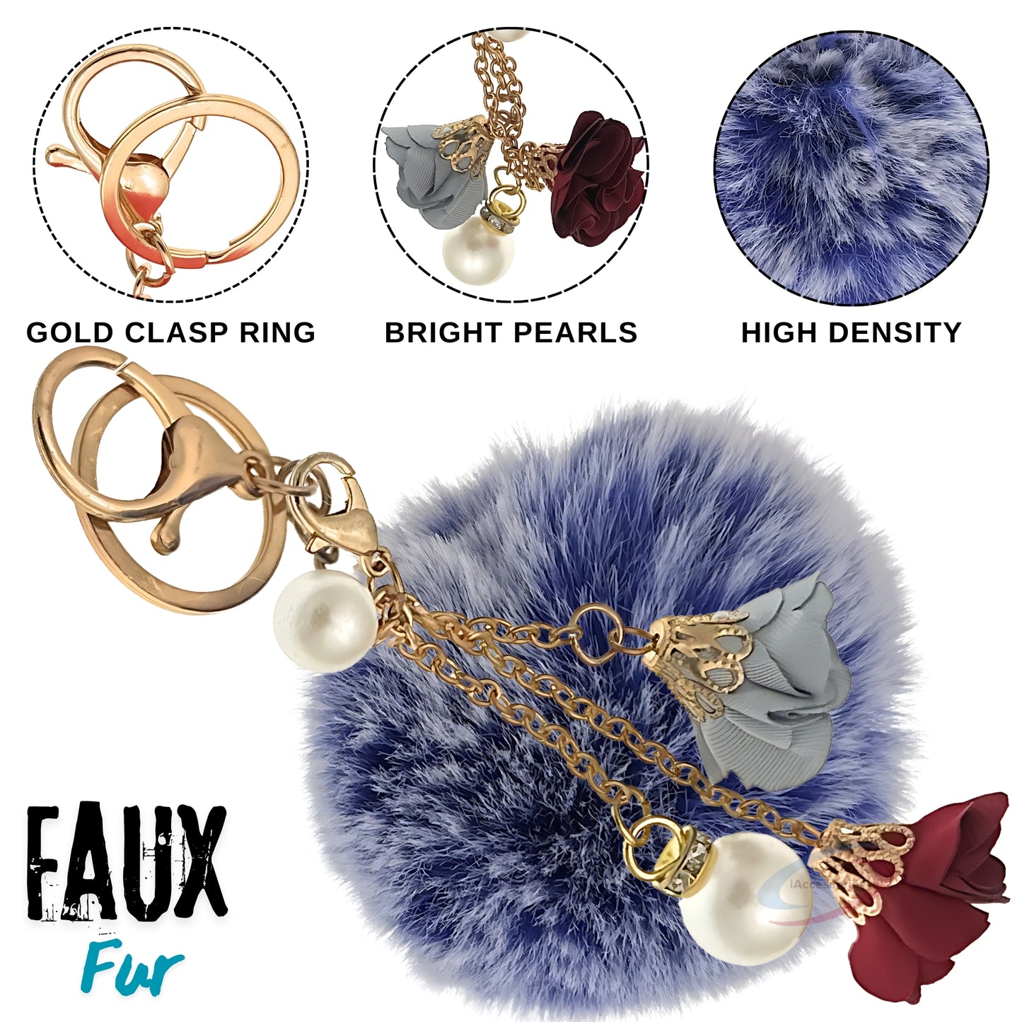 iAccessories Rose Pearl Pom Pom Keychain -Frosted Blue - iAccessories