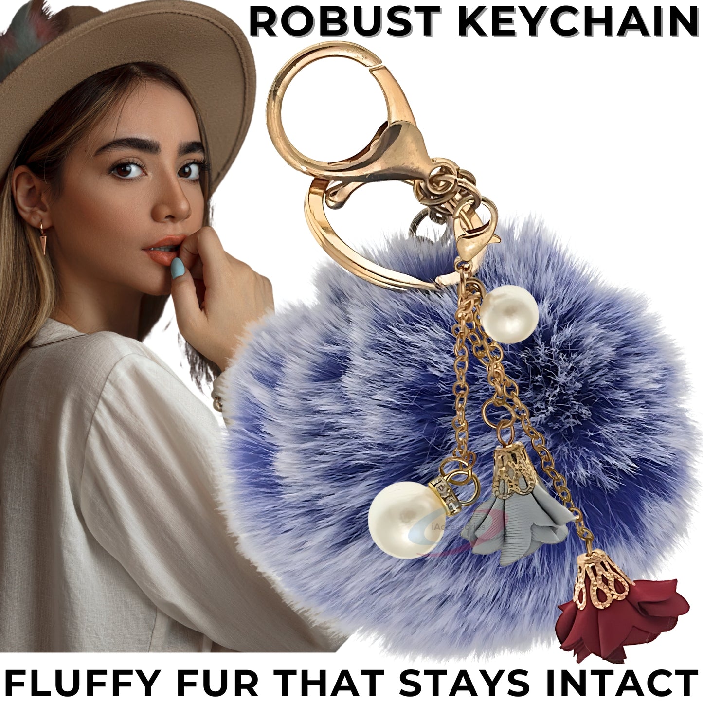 iAccessories Rose Pearl Pom Pom Keychain -Frosted Blue - iAccessories