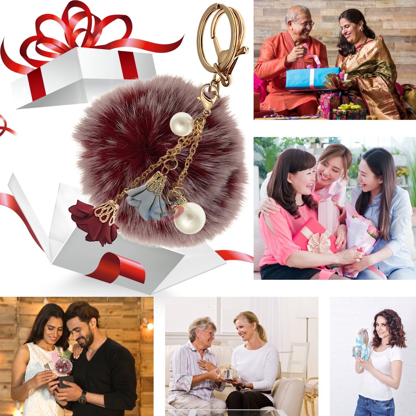 iAccessories Rose Pearl Pom Pom Keychain -Frosted Red - iAccessories