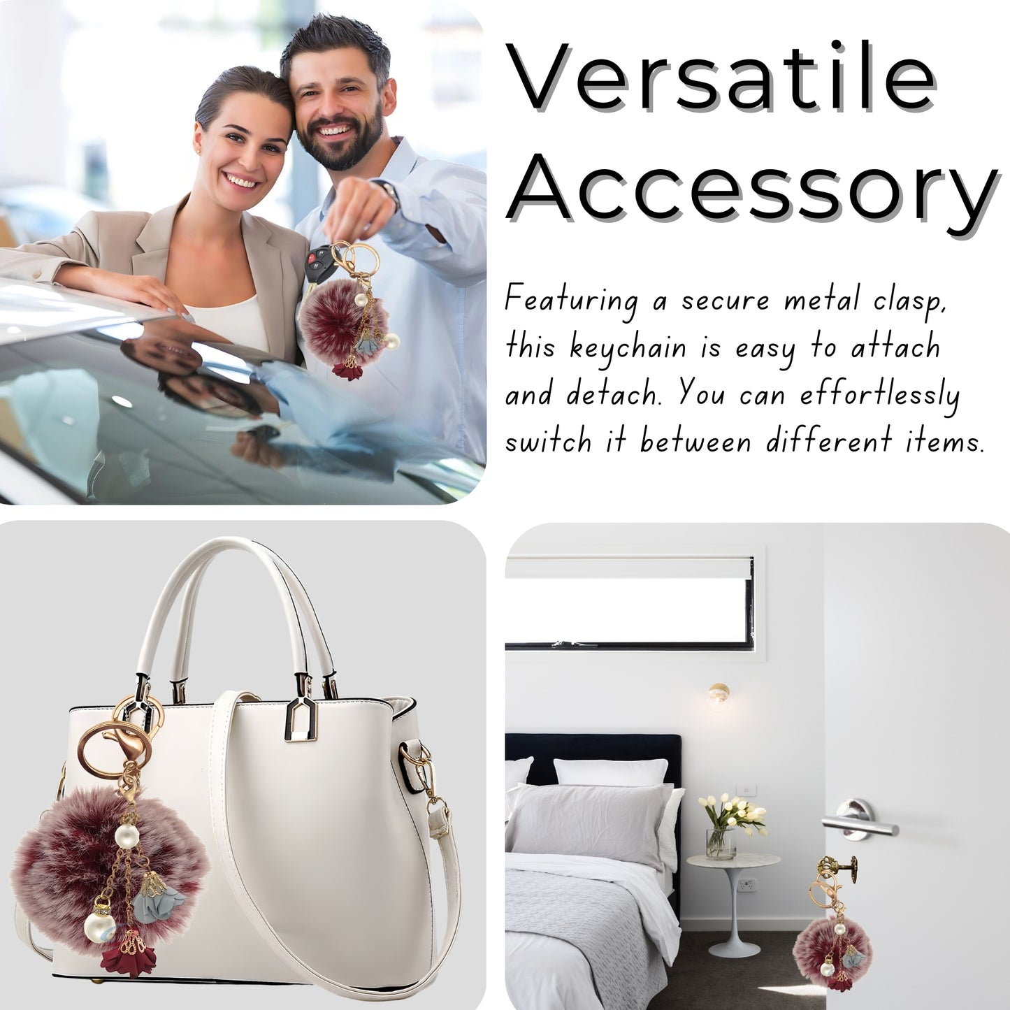 iAccessories Rose Pearl Pom Pom Keychain -Frosted Red - iAccessories