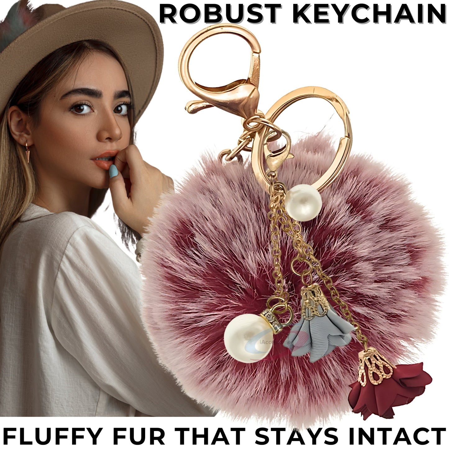 iAccessories Rose Pearl Pom Pom Keychain -Frosted Red - iAccessories