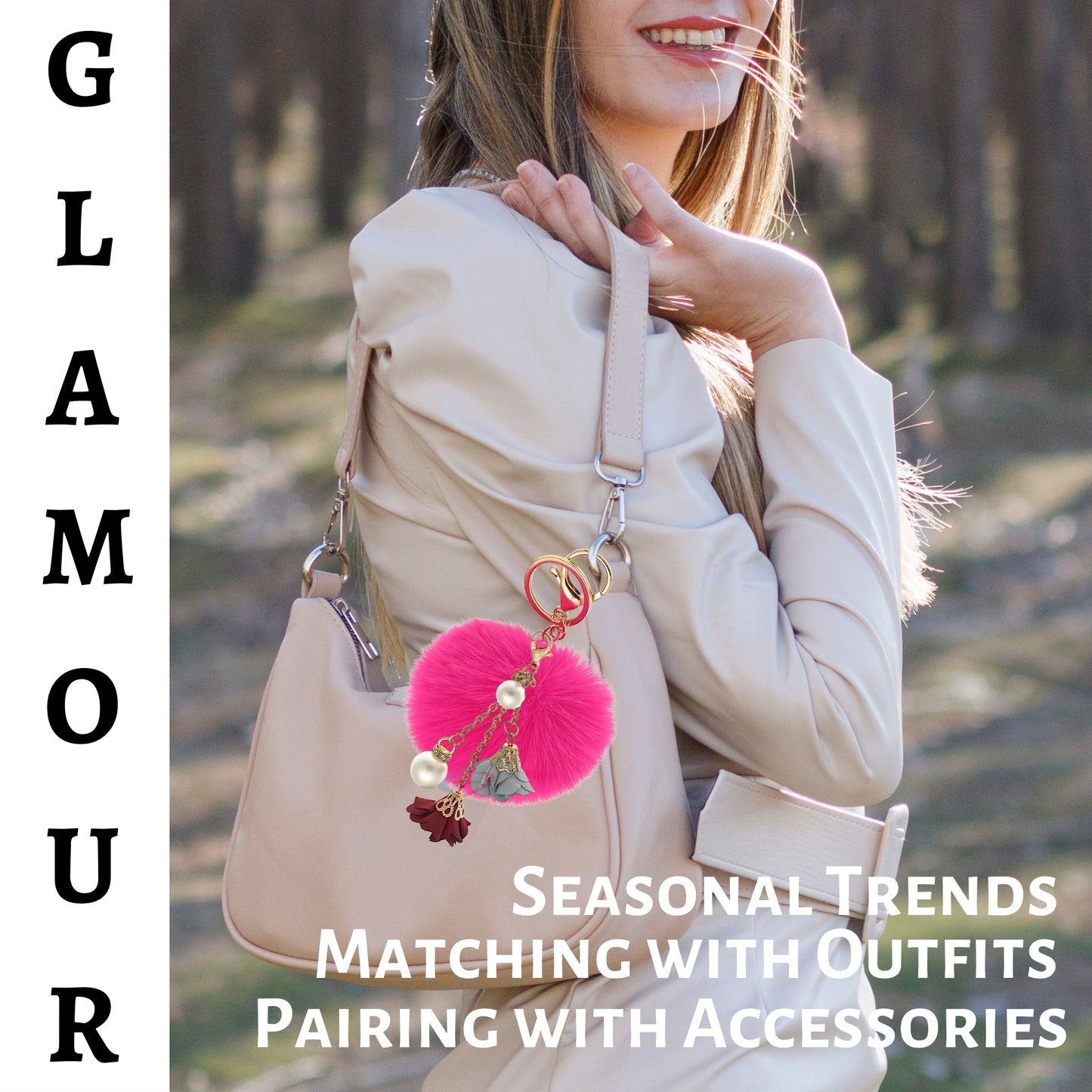 iAccessories Rose Pearl Pom Pom Keychain - Hot Pink - iAccessories