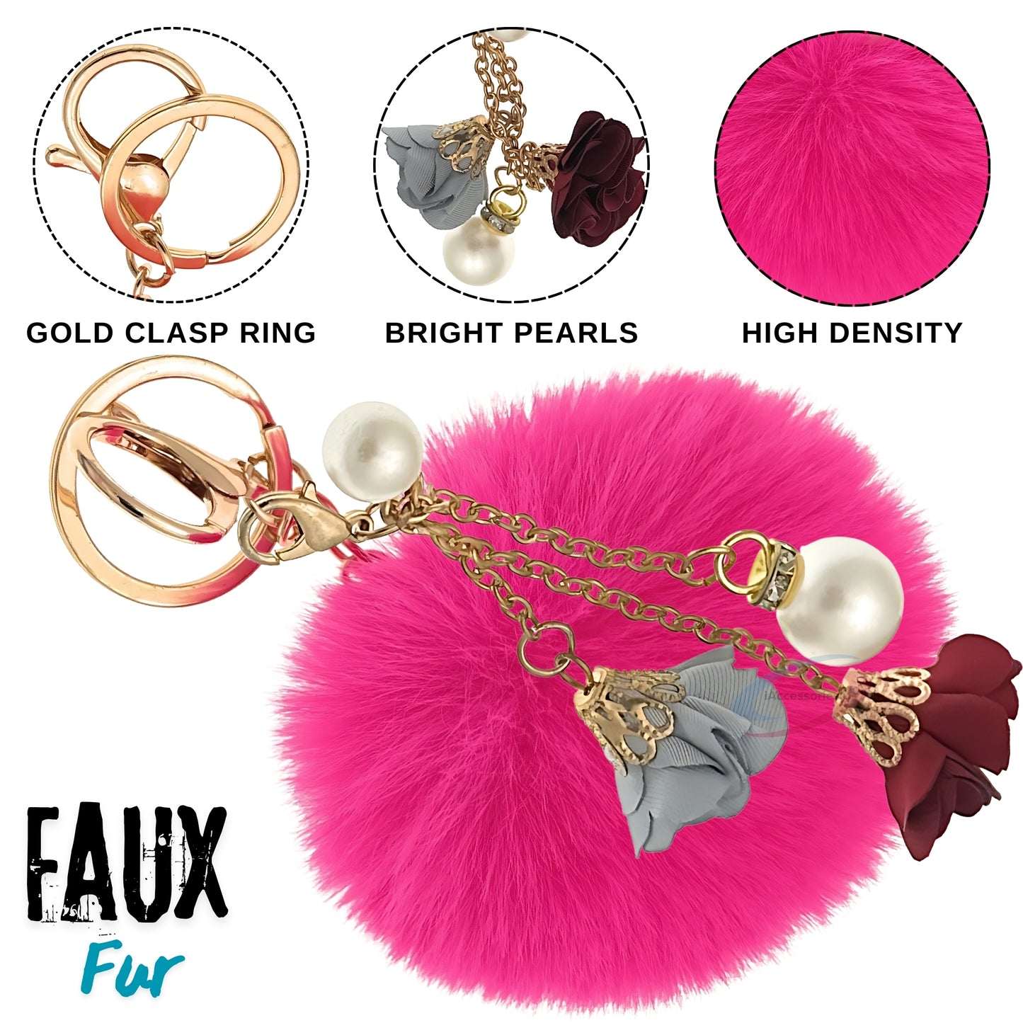 iAccessories Rose Pearl Pom Pom Keychain - Hot Pink - iAccessories