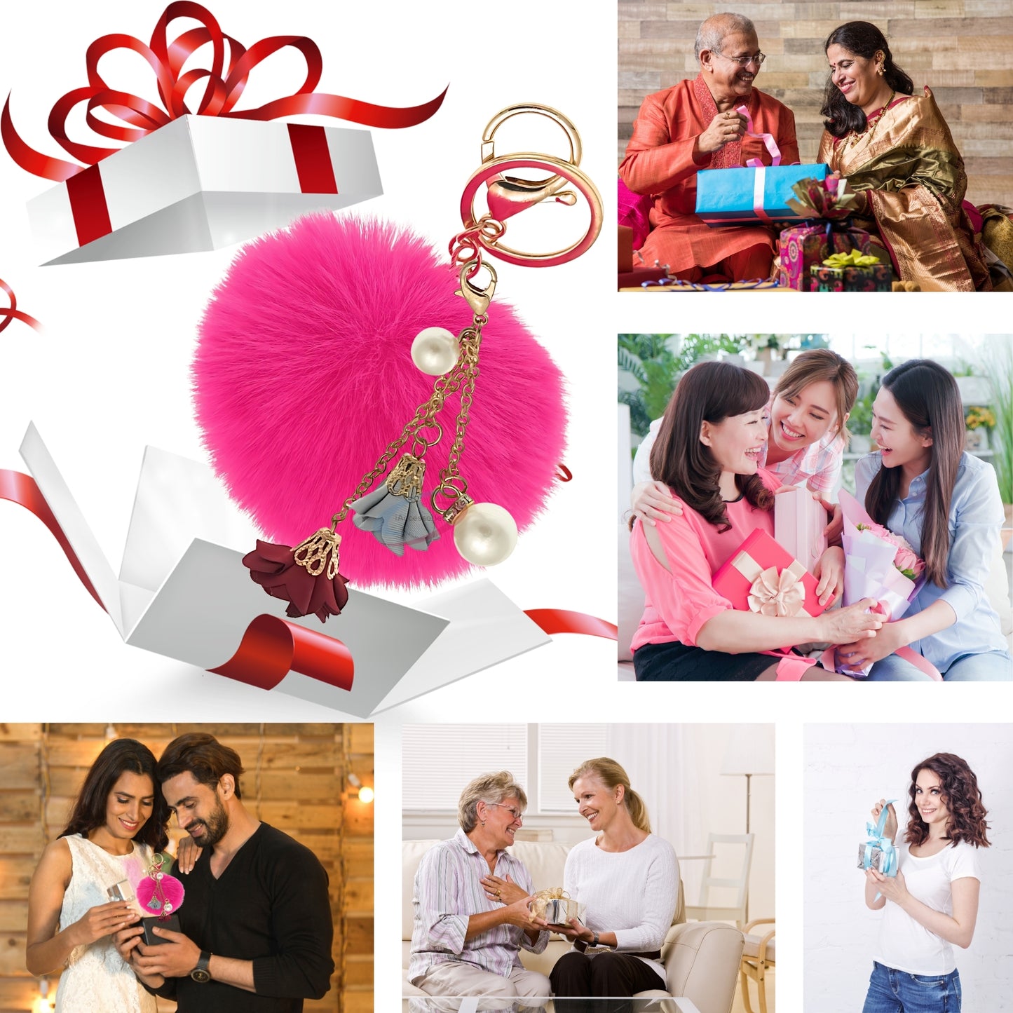 iAccessories Rose Pearl Pom Pom Keychain - Hot Pink - iAccessories