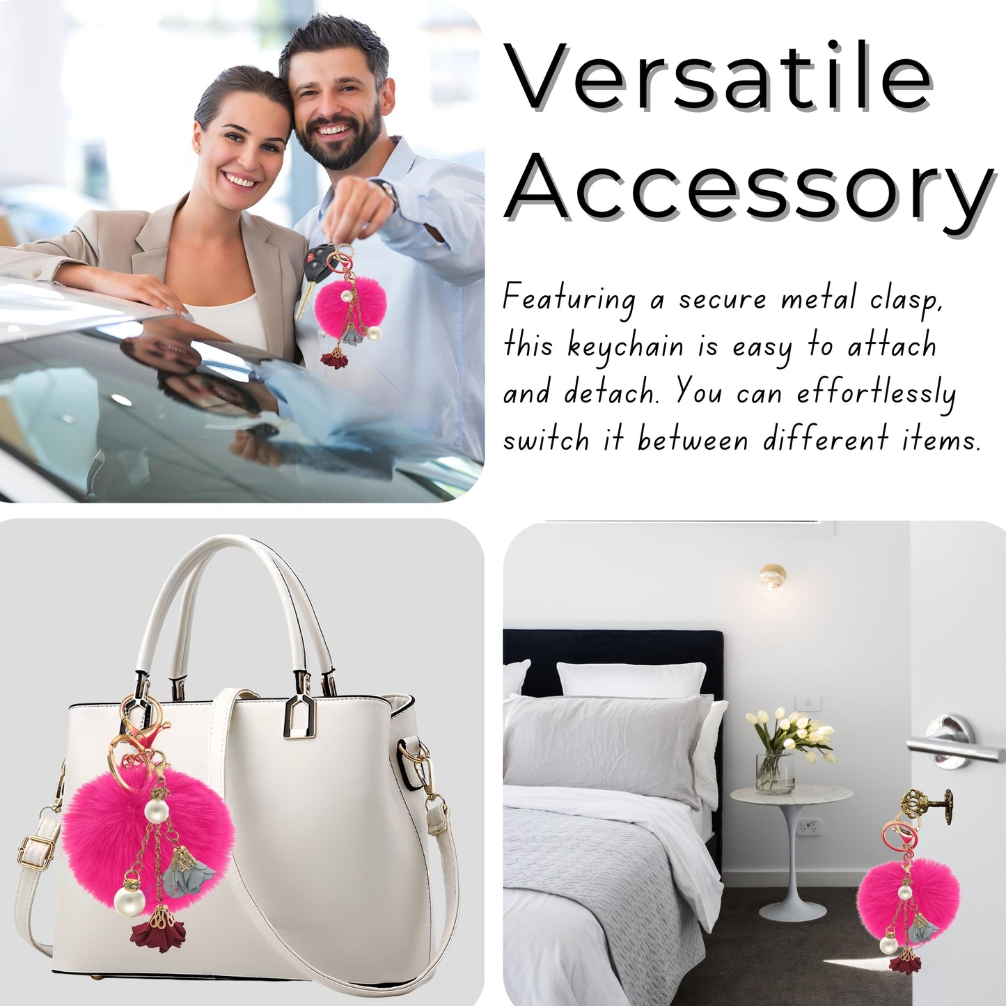 iAccessories Rose Pearl Pom Pom Keychain - Hot Pink - iAccessories