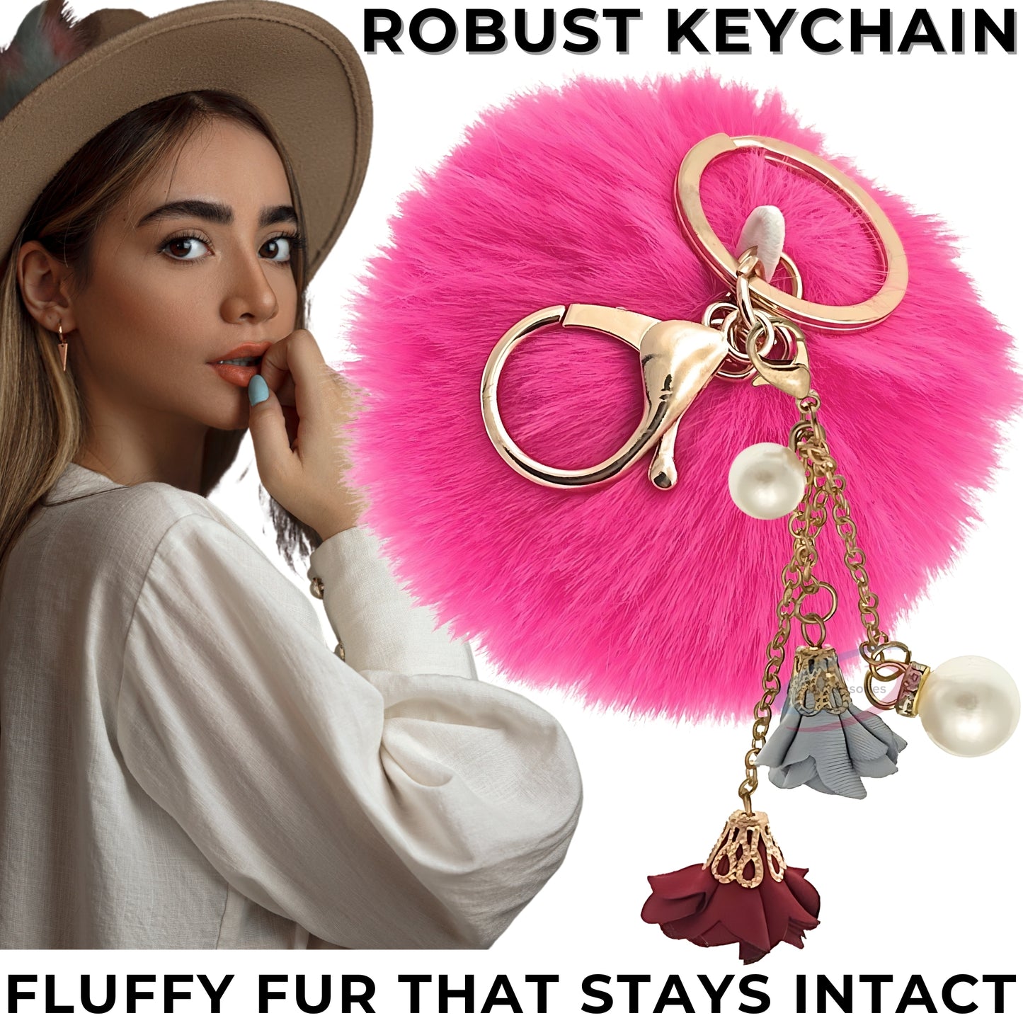 iAccessories Rose Pearl Pom Pom Keychain - Hot Pink - iAccessories