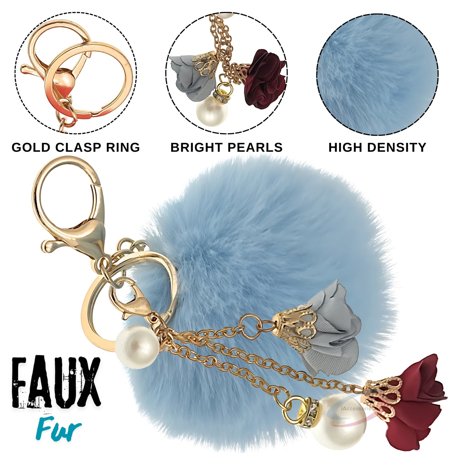 iAccessories Rose Pearl Pom Pom Keychain - Light Blue - iAccessories