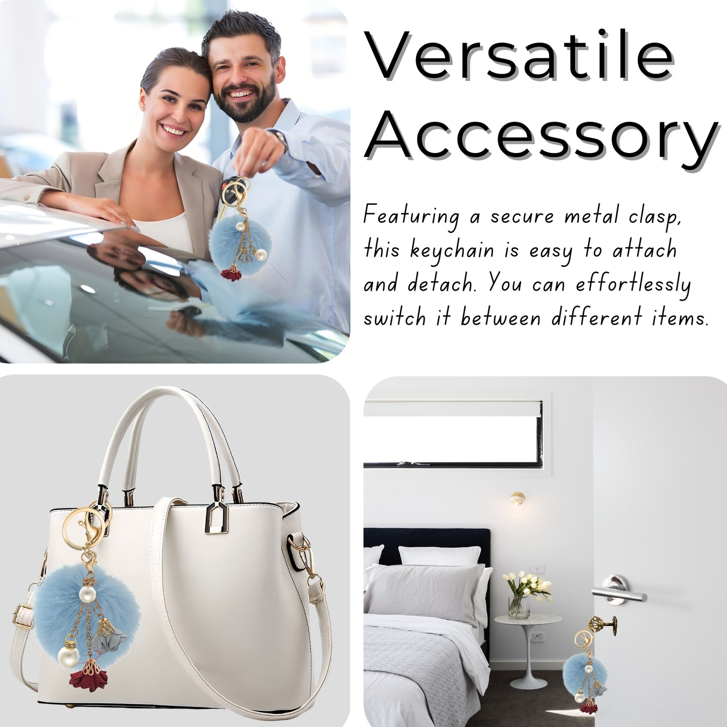 iAccessories Rose Pearl Pom Pom Keychain - Light Blue - iAccessories
