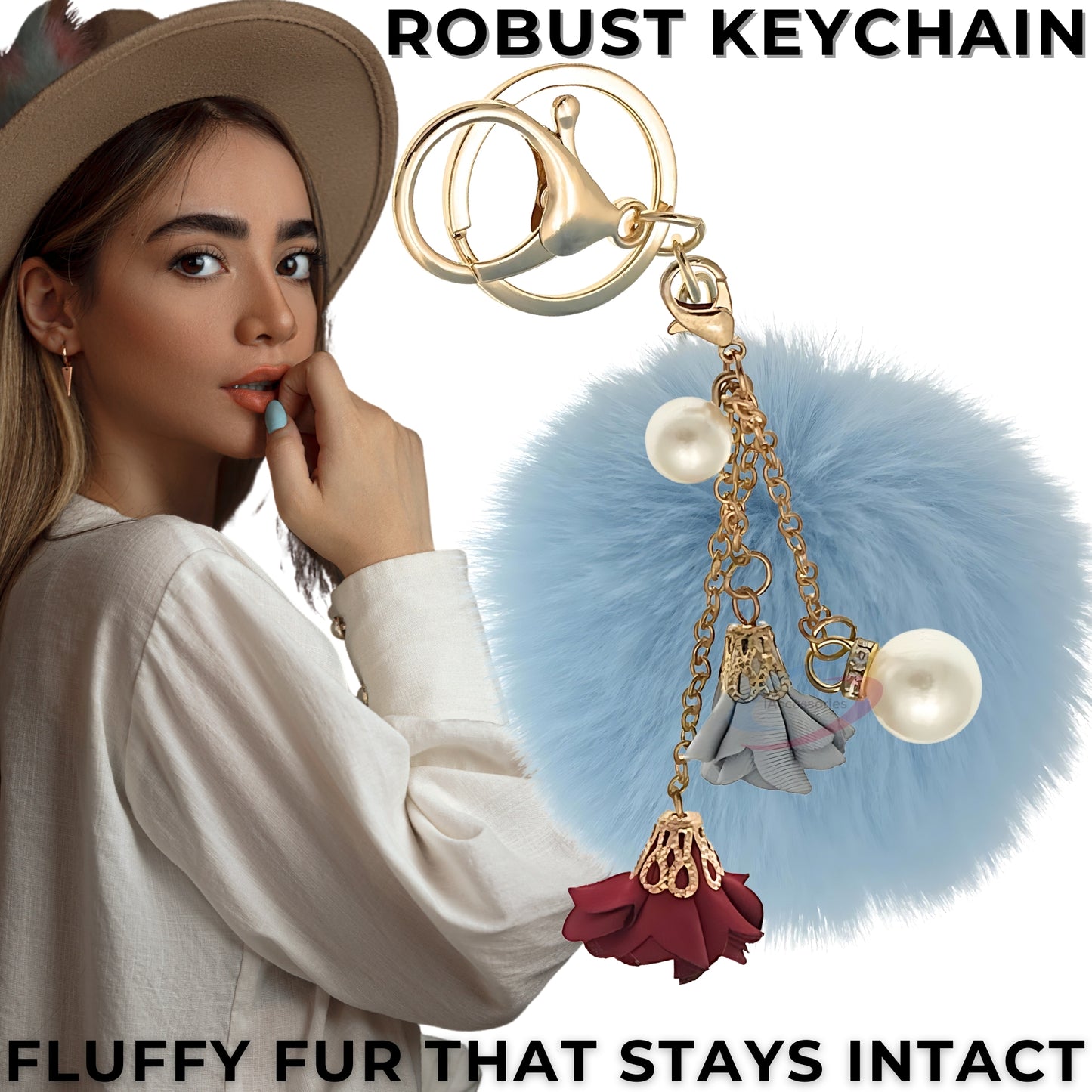 iAccessories Rose Pearl Pom Pom Keychain - Light Blue - iAccessories