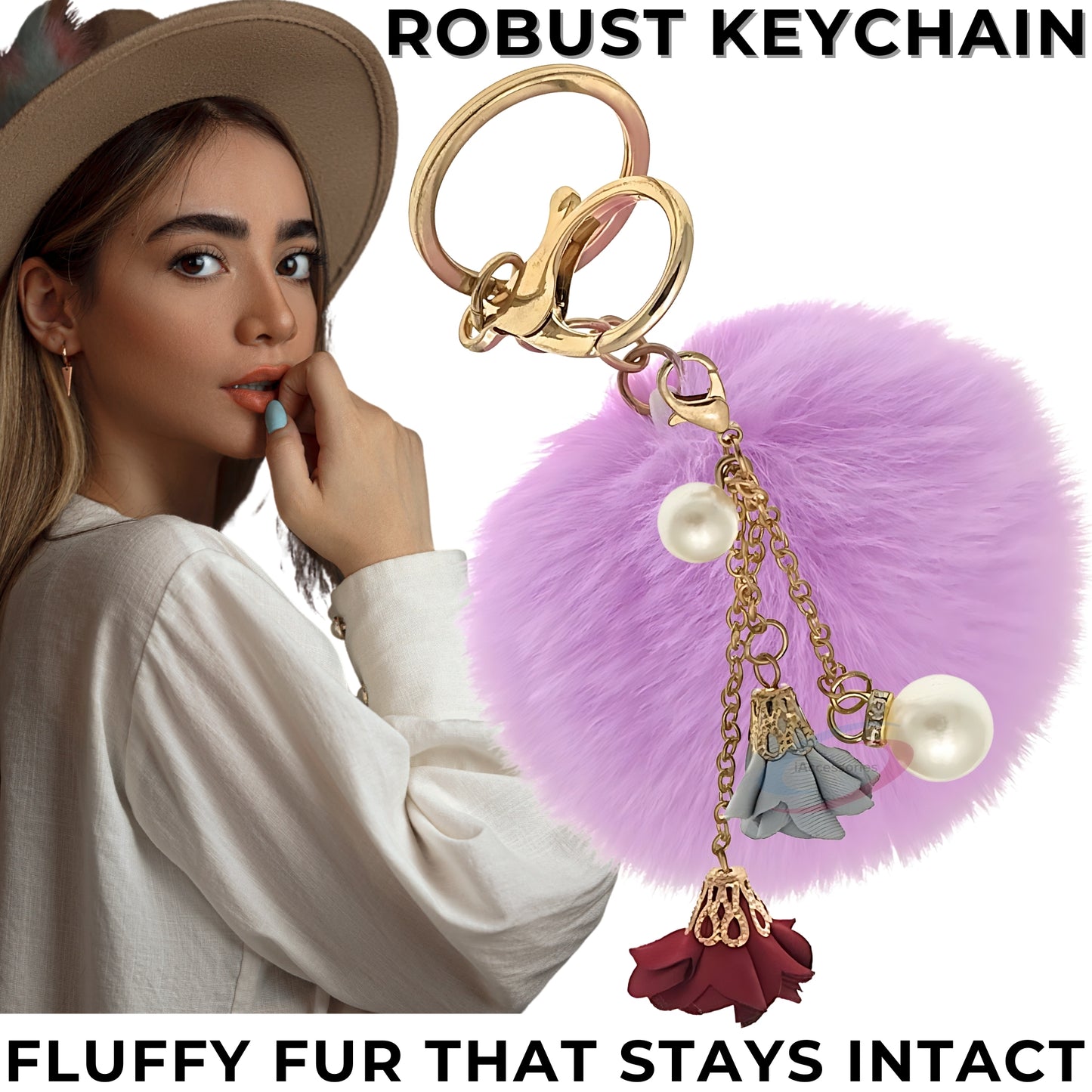 iAccessories Rose Pearl Pom Pom Keychain - Light Purple - iAccessories