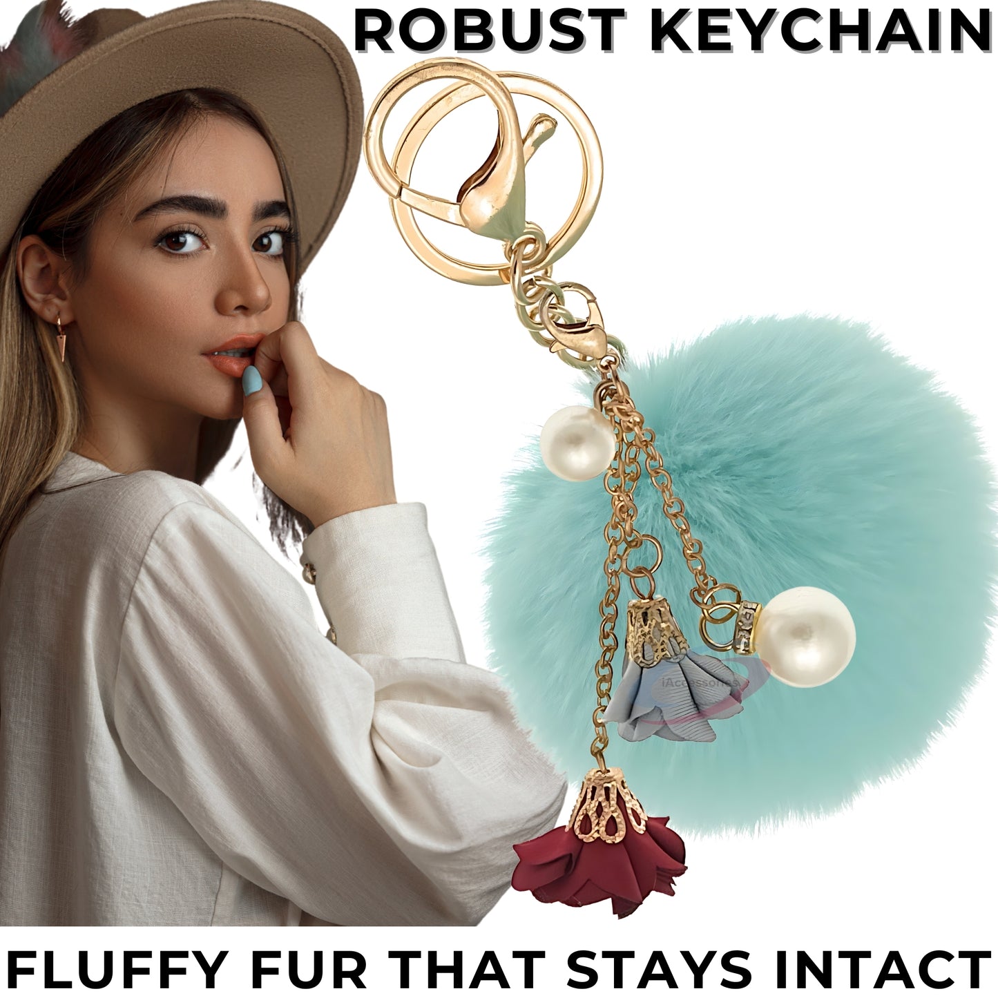 iAccessories Rose Pearl Pom Pom Keychain - Mint Green - iAccessories