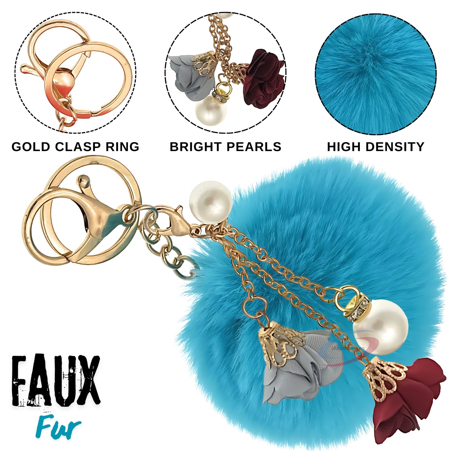 iAccessories Rose Pearl Pom Pom Keychain - Peacock Blue - iAccessories