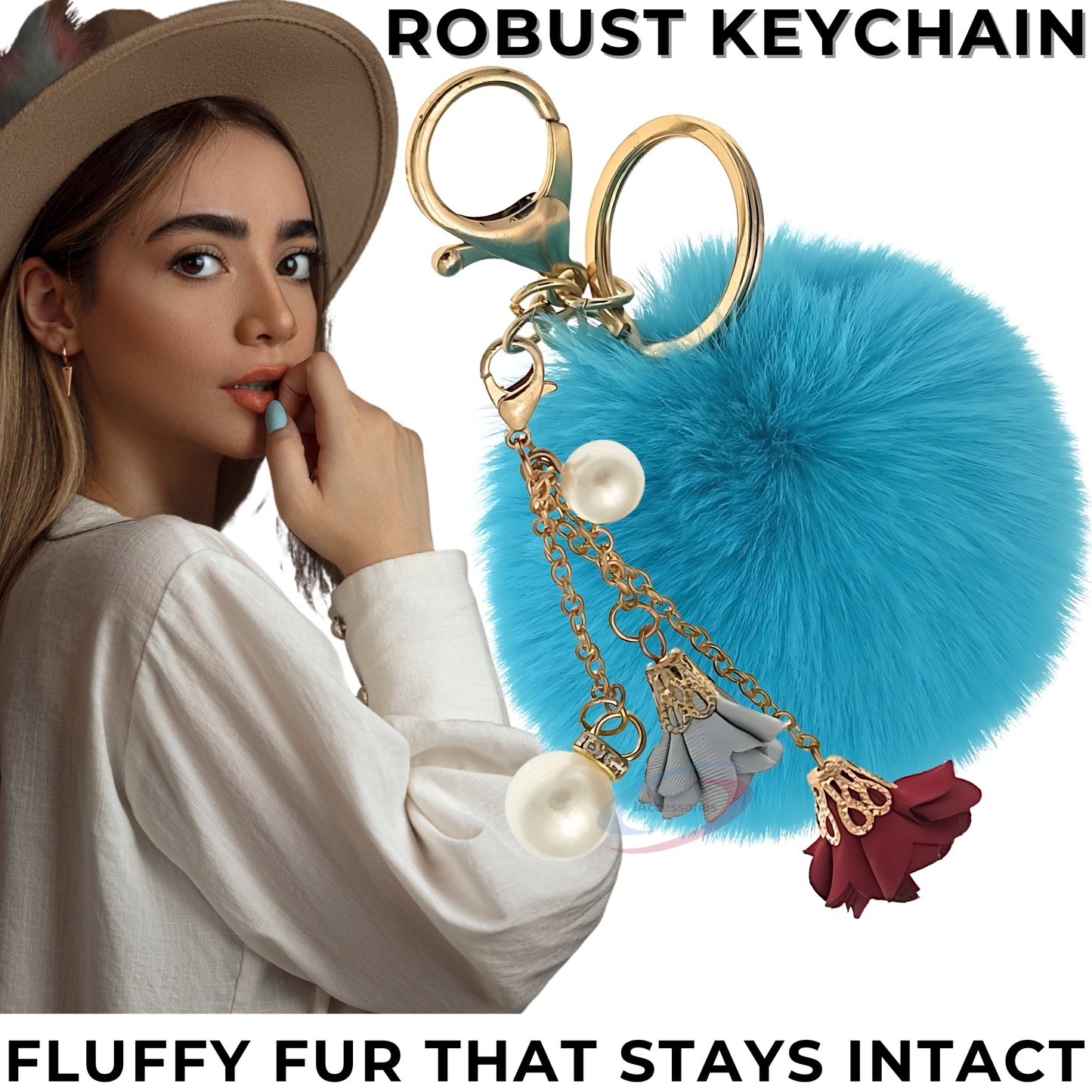 iAccessories Rose Pearl Pom Pom Keychain - Peacock Blue - iAccessories
