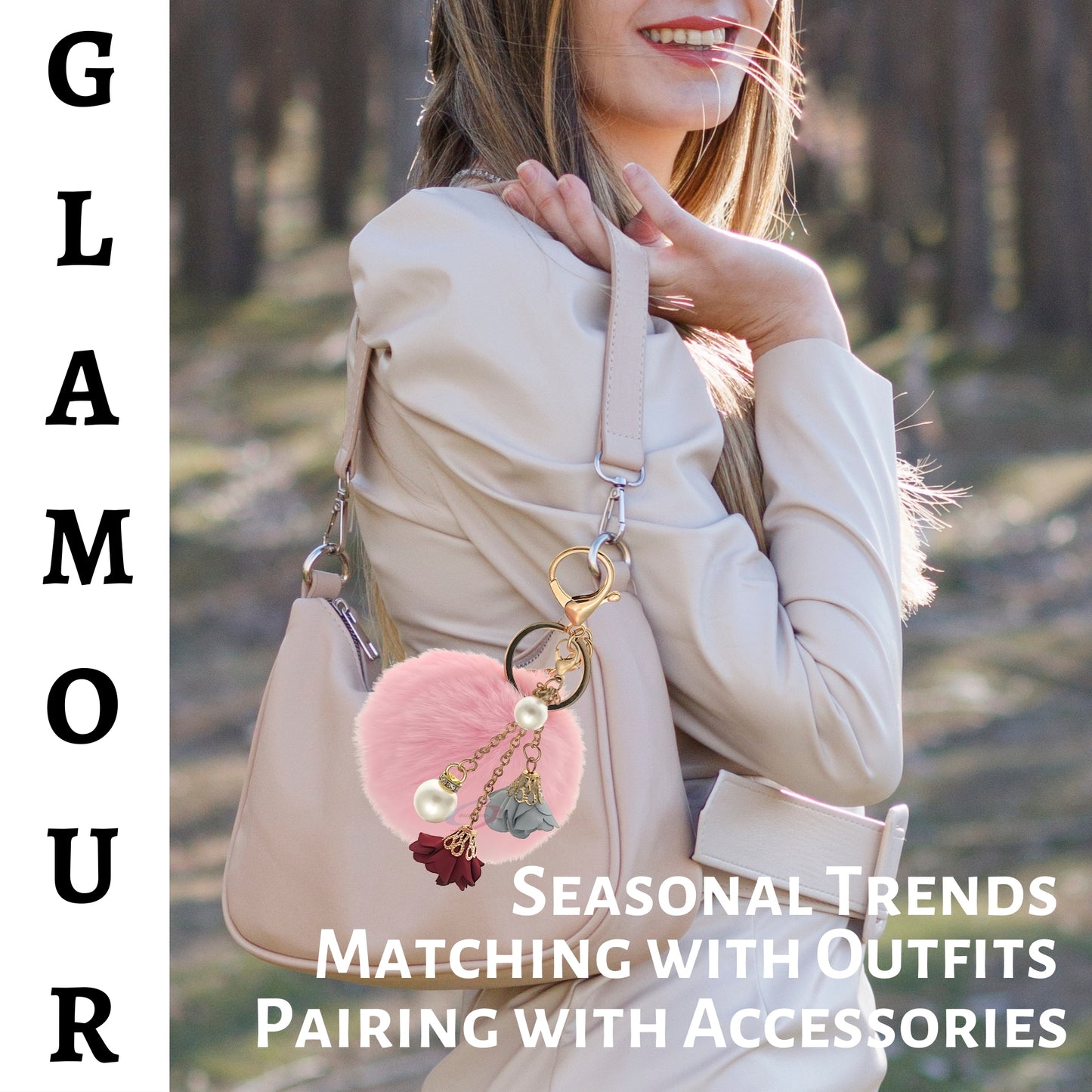 iAccessories Rose Pearl Pom Pom Keychain - Pink - iAccessories