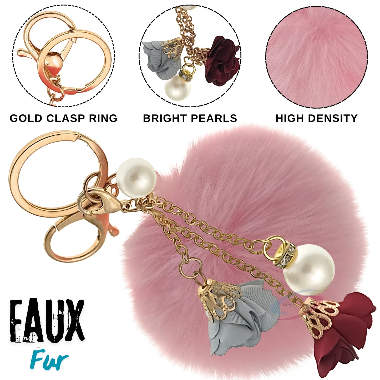 iAccessories Rose Pearl Pom Pom Keychain - Pink - iAccessories