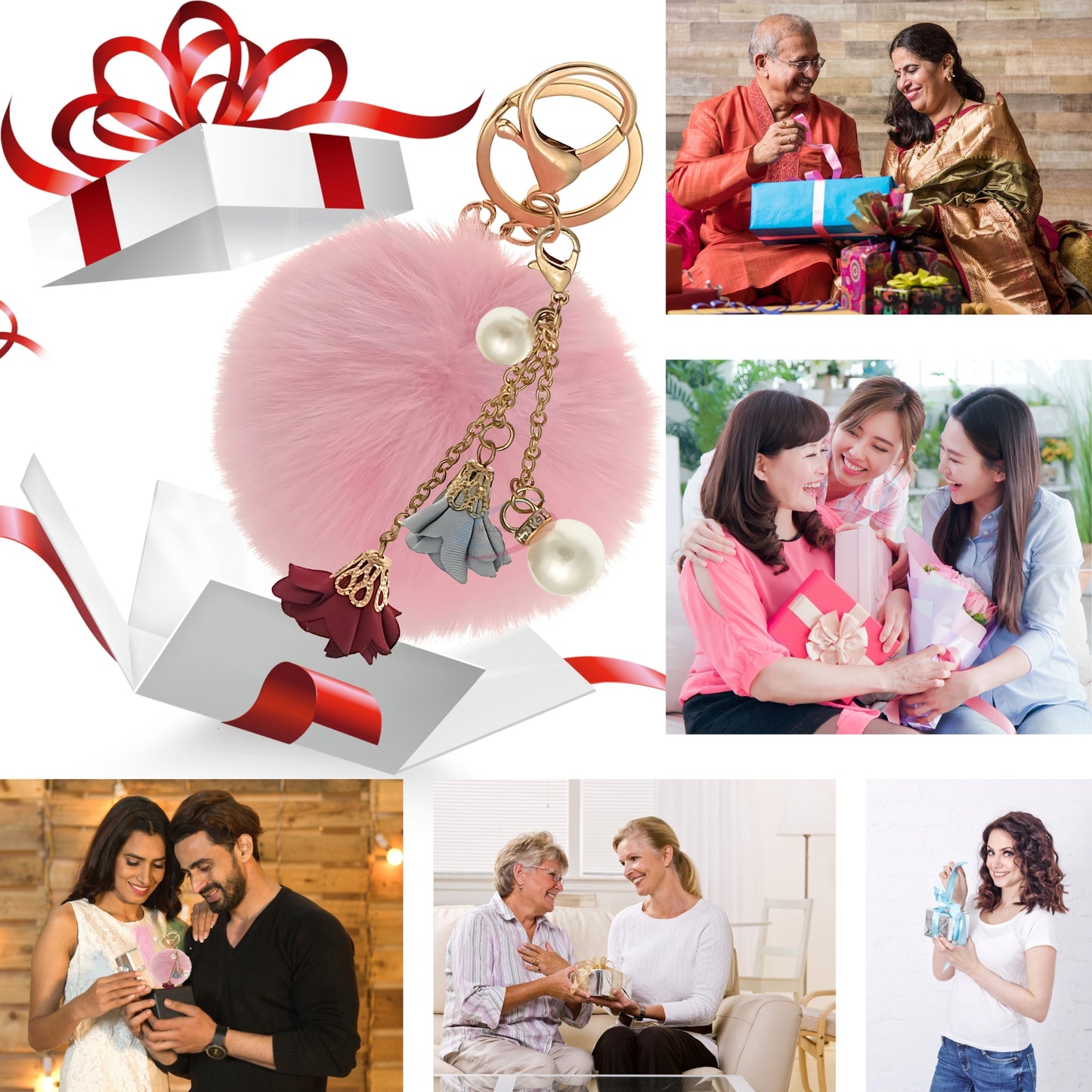 iAccessories Rose Pearl Pom Pom Keychain - Pink - iAccessories