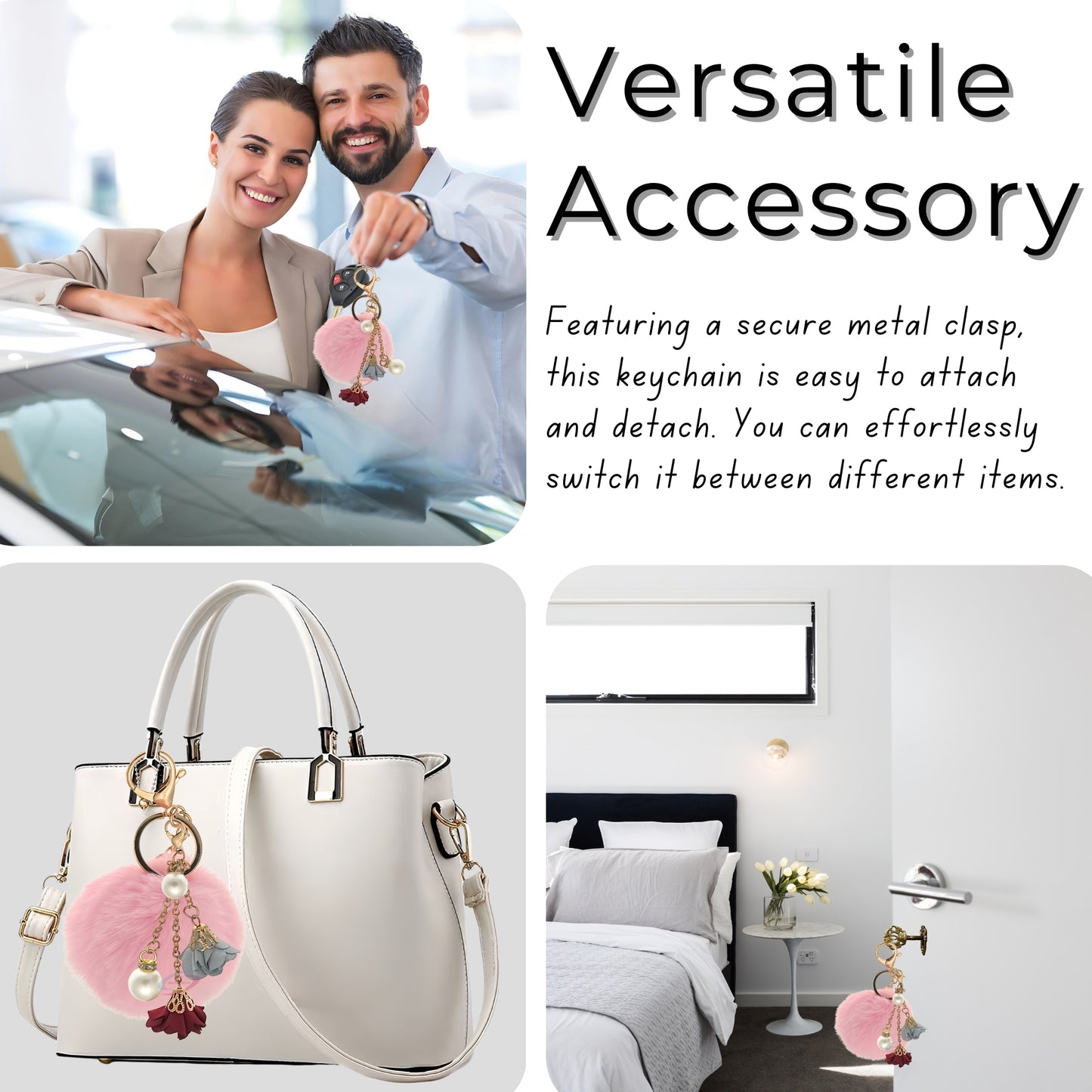 iAccessories Rose Pearl Pom Pom Keychain - Pink - iAccessories