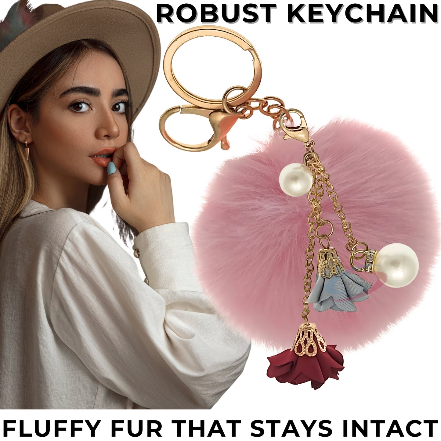 iAccessories Rose Pearl Pom Pom Keychain - Pink - iAccessories