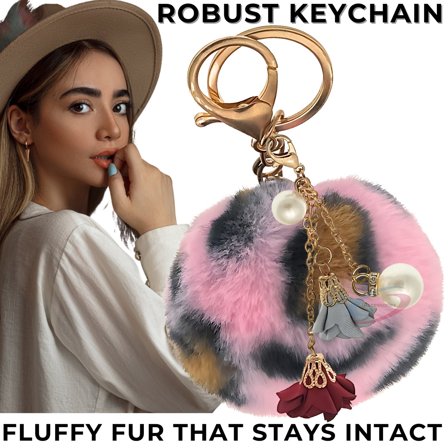 iAccessories Rose Pearl Pom Pom Keychain - Pink Lepo - iAccessories